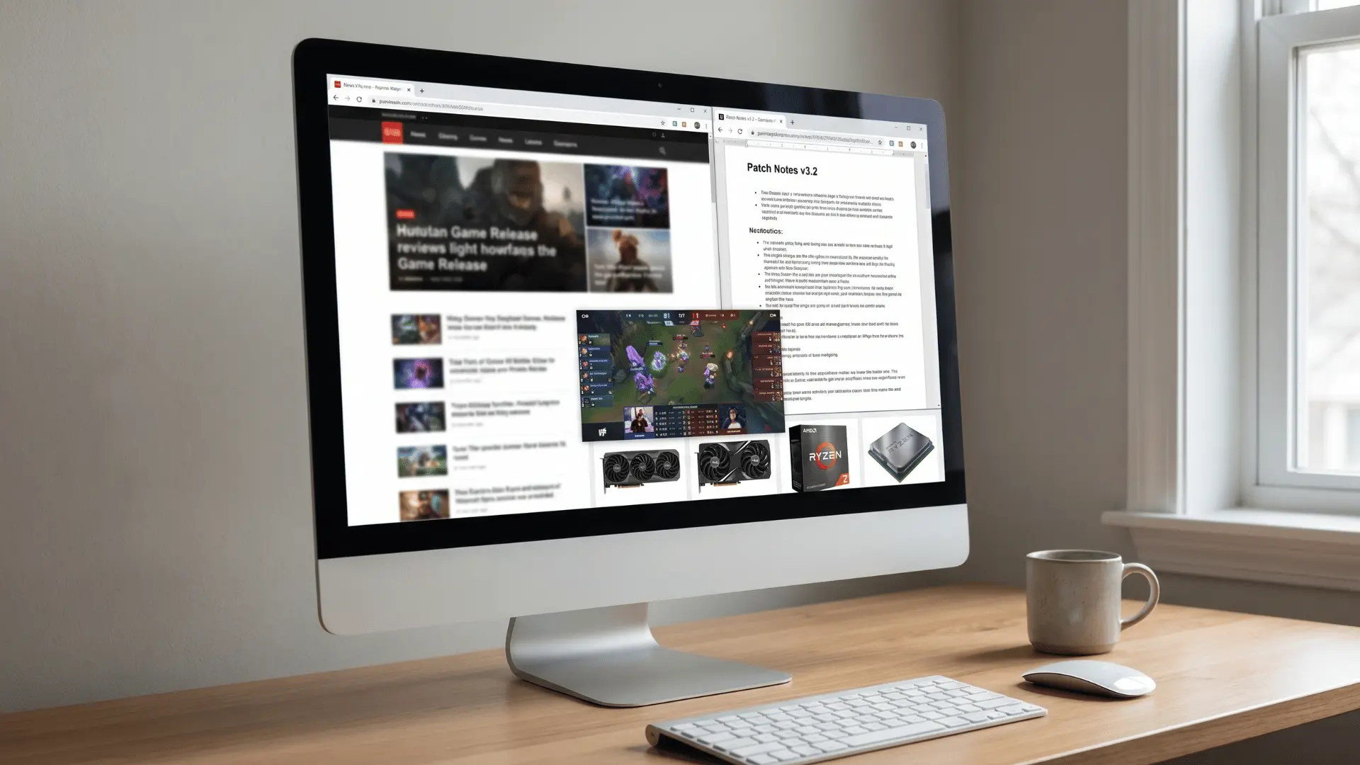 Desktop monitor showing a gaming news webpage with patch notes, esports content, and hardware update thumbnails