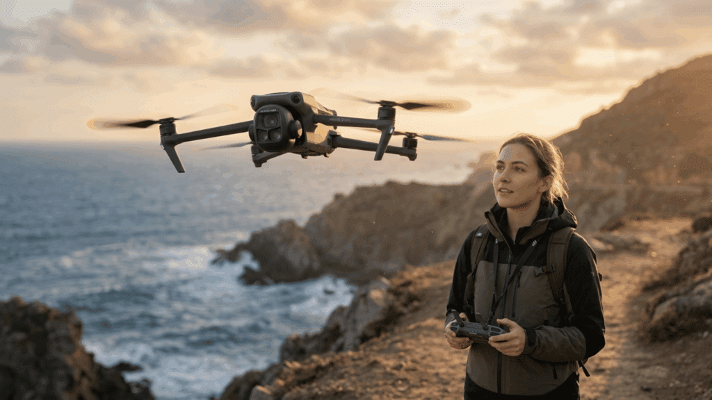 dji Mavic drone flying near coastline with user controlling it, showing real-world use for aerial photography and videography