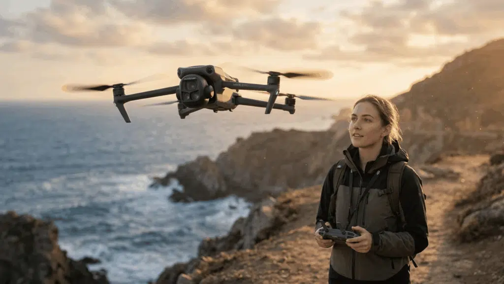 dji Mavic drone flying near coastline with user controlling it, showing real-world use for aerial photography and videography