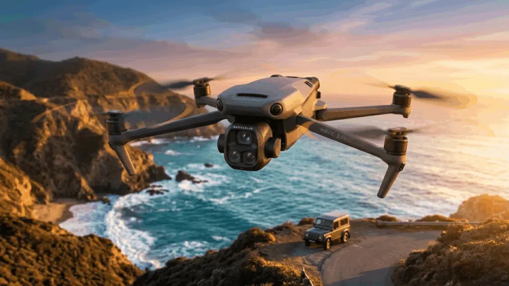 dji Mavic drone flying over coastal landscape capturing aerial footage, ideal for travel photography and cinematic video shots