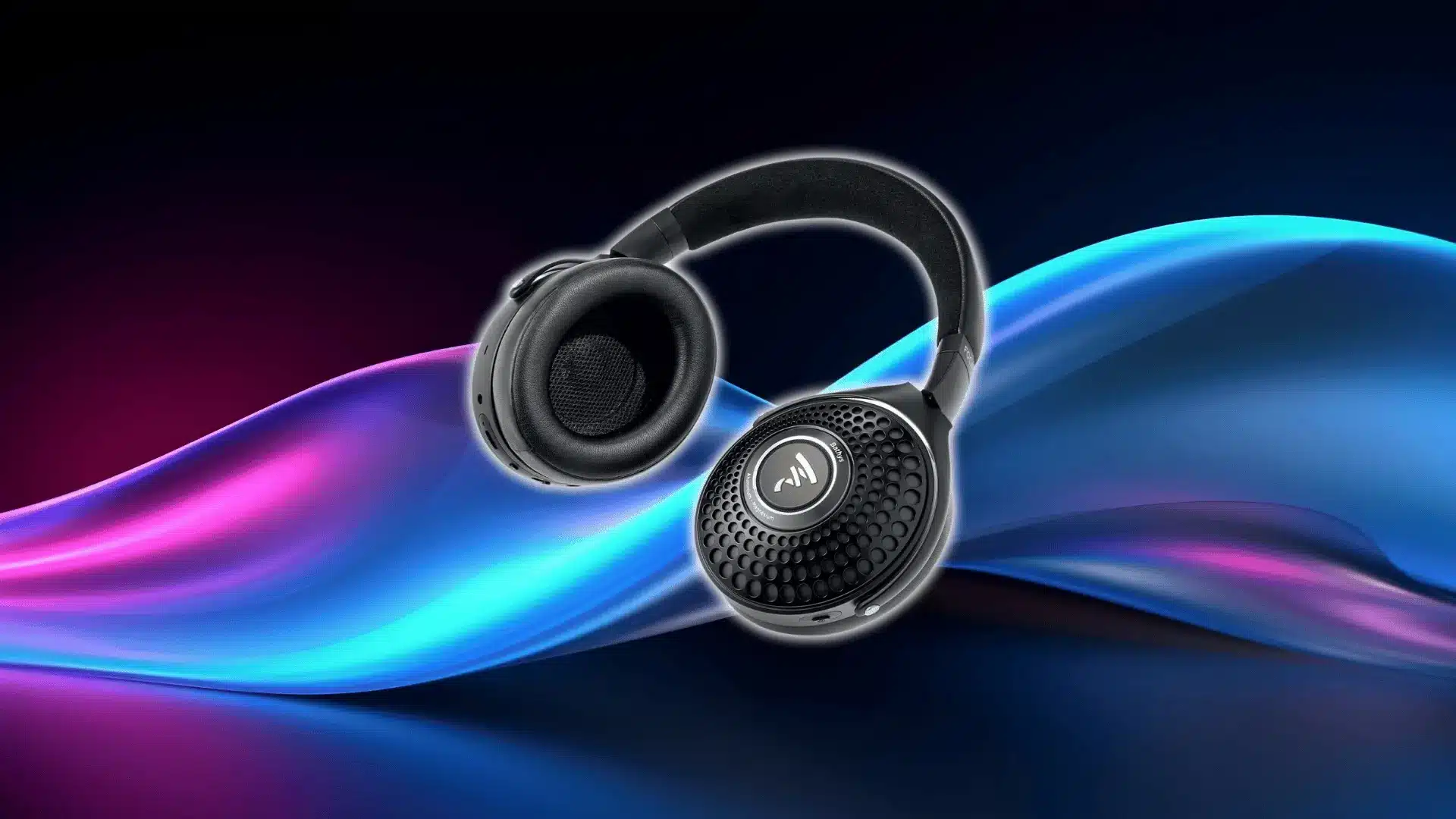 Focal Bathys wireless audiophile headphones on a dark background with abstract blue and pink wave lighting