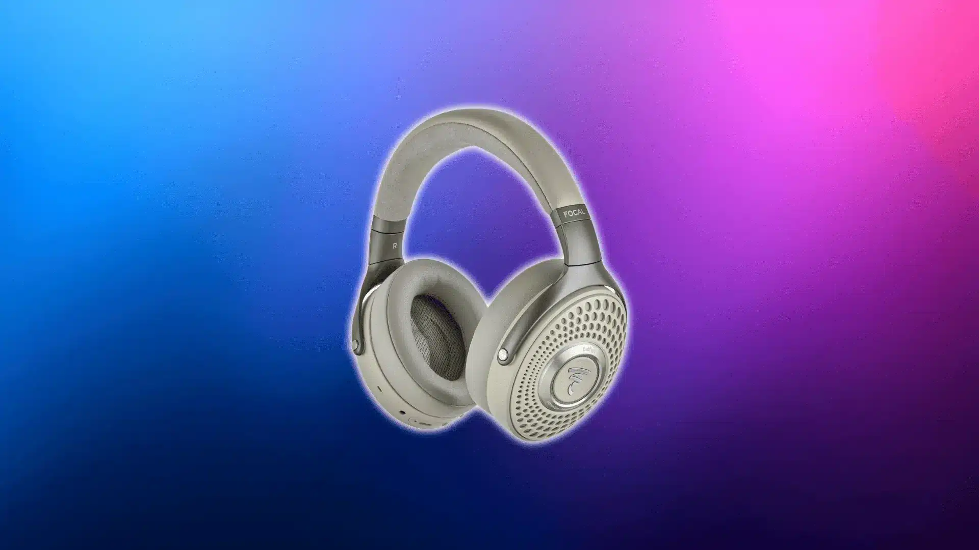 Focal Bathys wireless over-ear audiophile headphones on a blue and pink gradient background