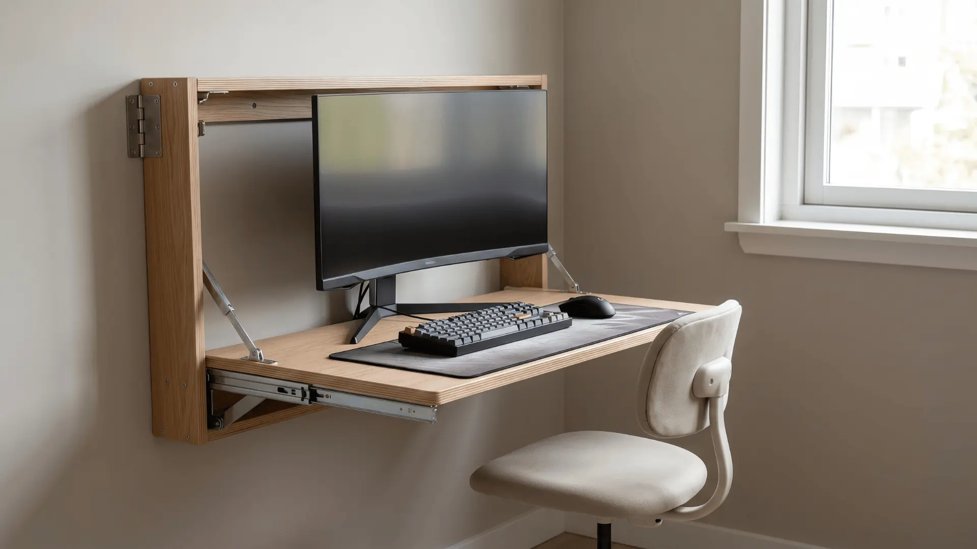 Foldable desk setup with monitor and peripherals in a compact room