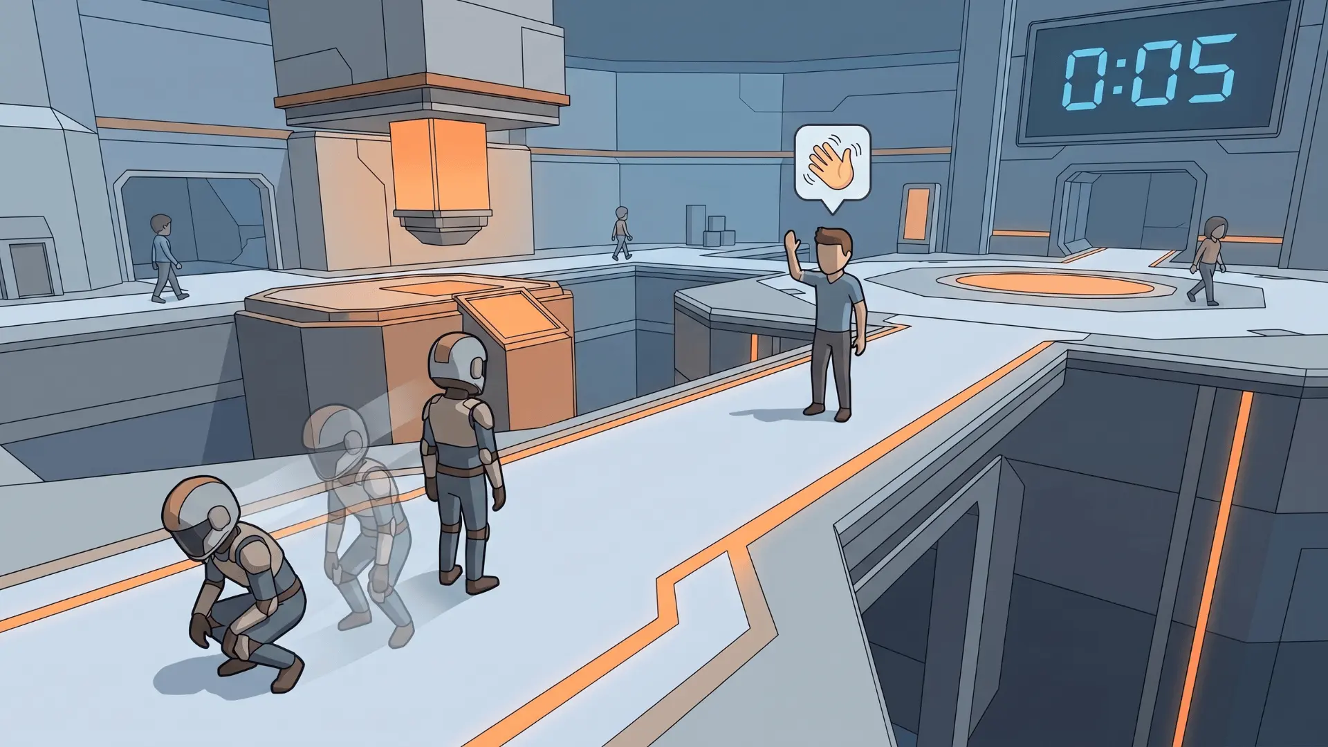 Game scene showing emote spamming, crouching movement, and a timer nearly running out
