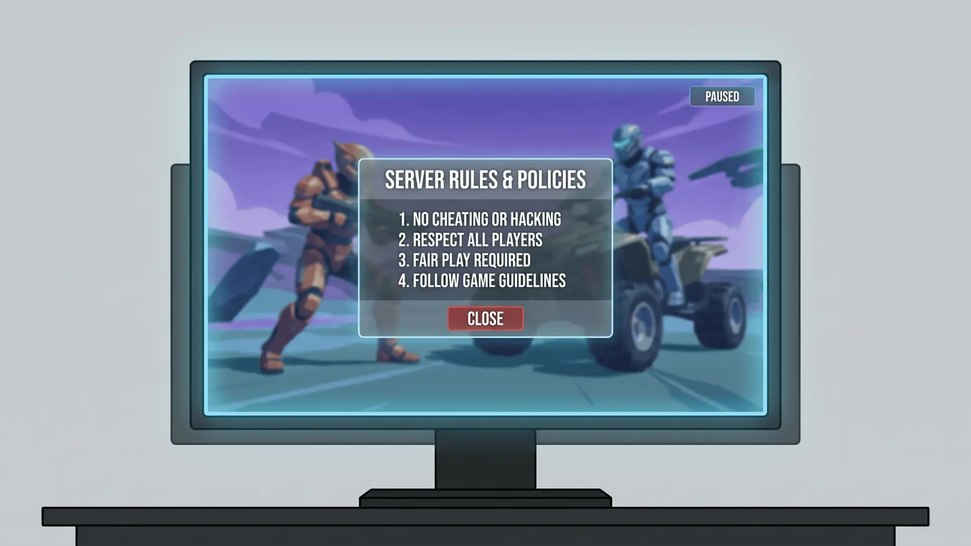 Game screen showing a paused match with a rules or policy menu visible