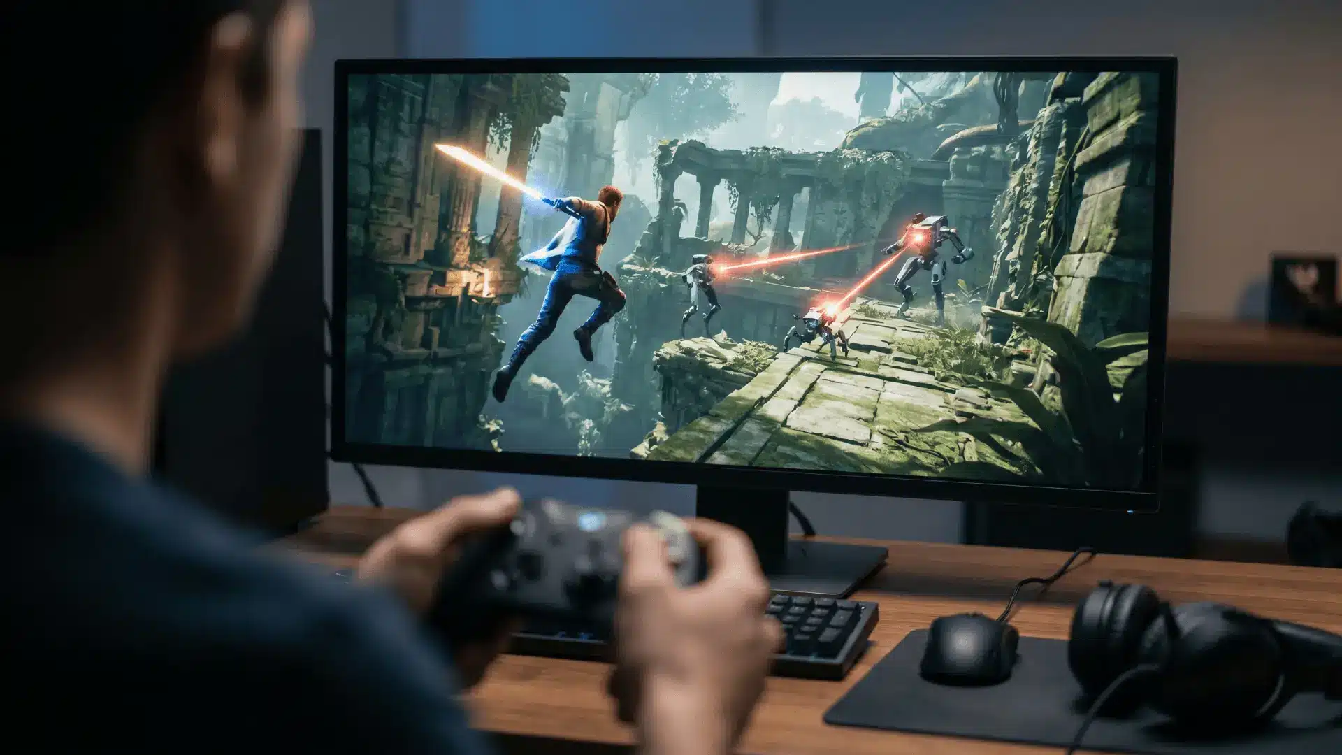 Game screen showing an action scene with a controller visible in front of it