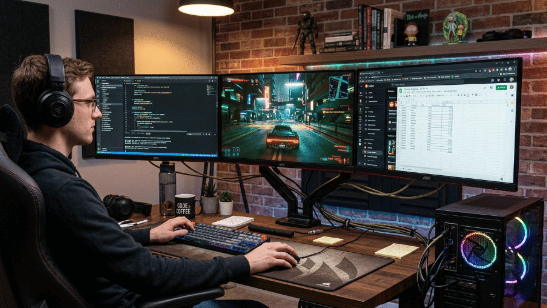 gaming and productivity triple monitor setup with one screen showing gameplay and others displaying tools and data