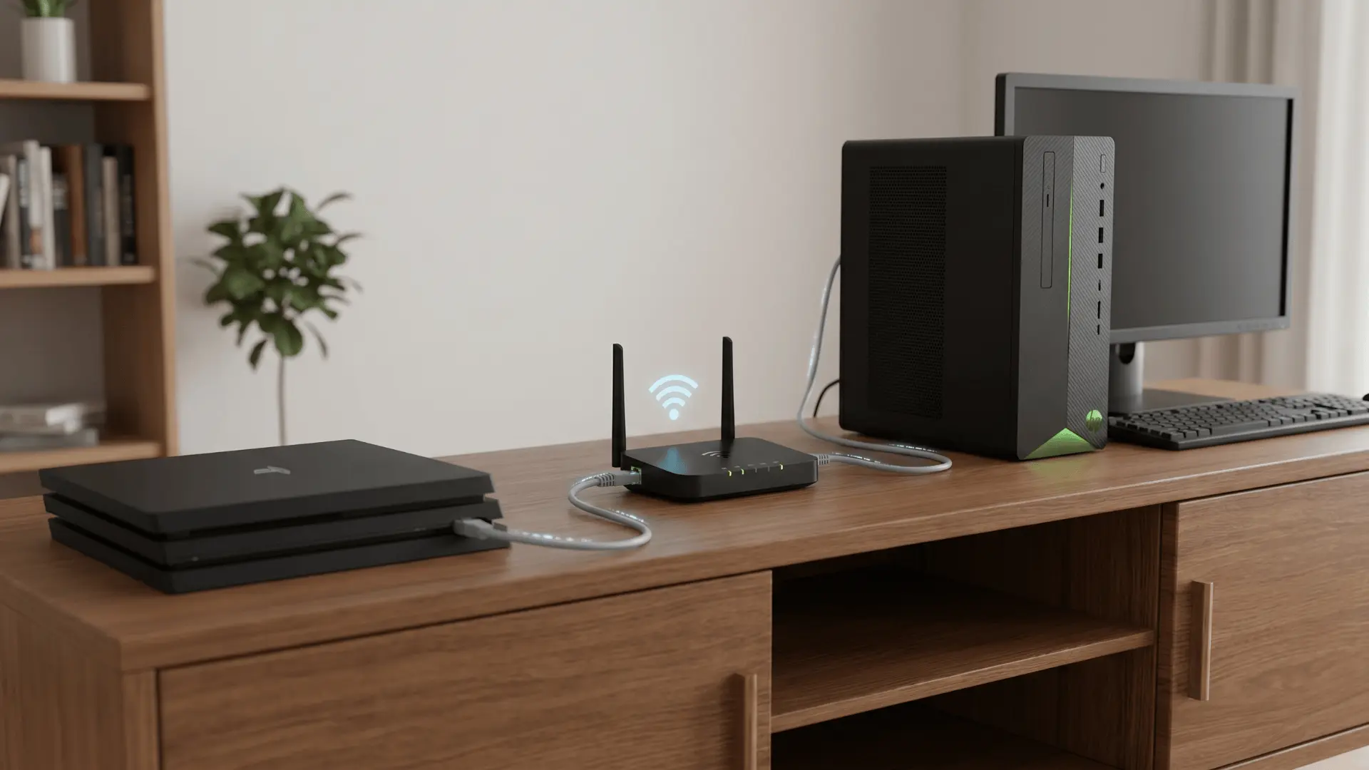 Gaming console and PC connected to a router showing low data usage during gameplay