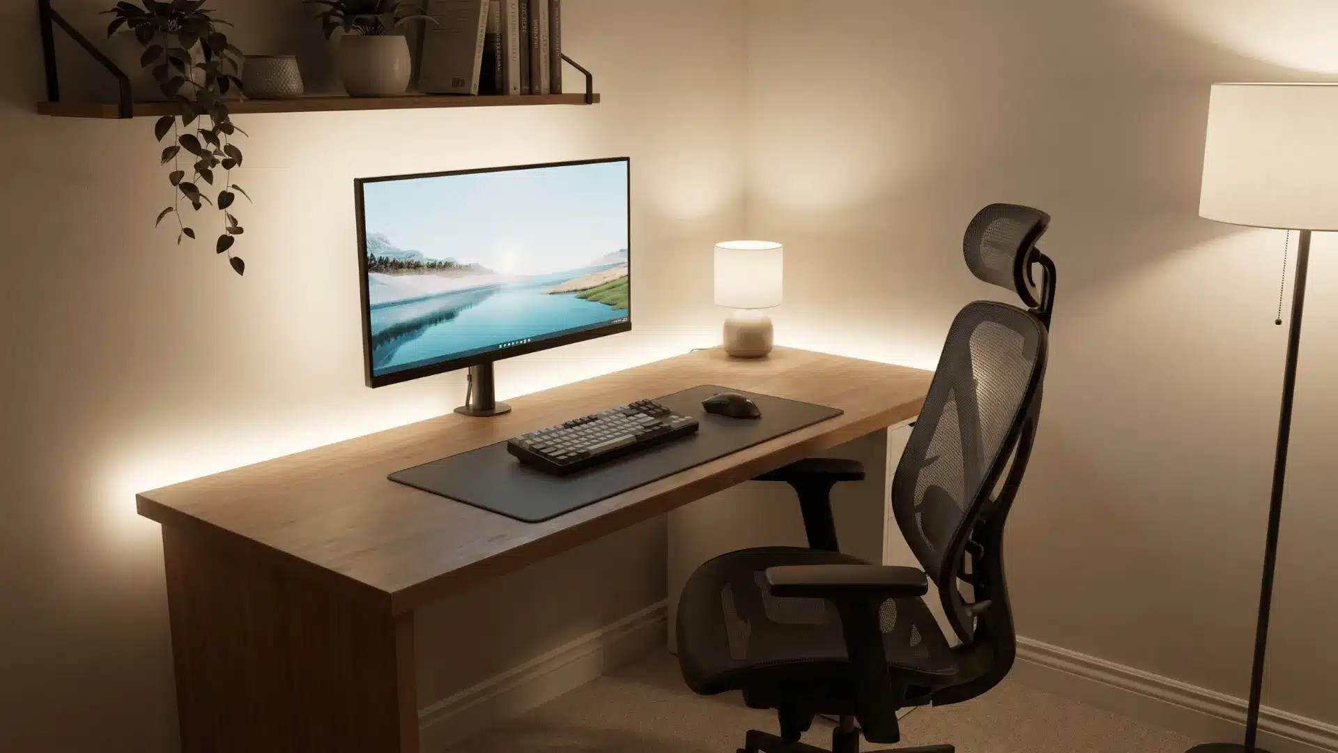 Gaming desk setup with monitor, keyboard, chair, and soft ambient lighting in a clean room