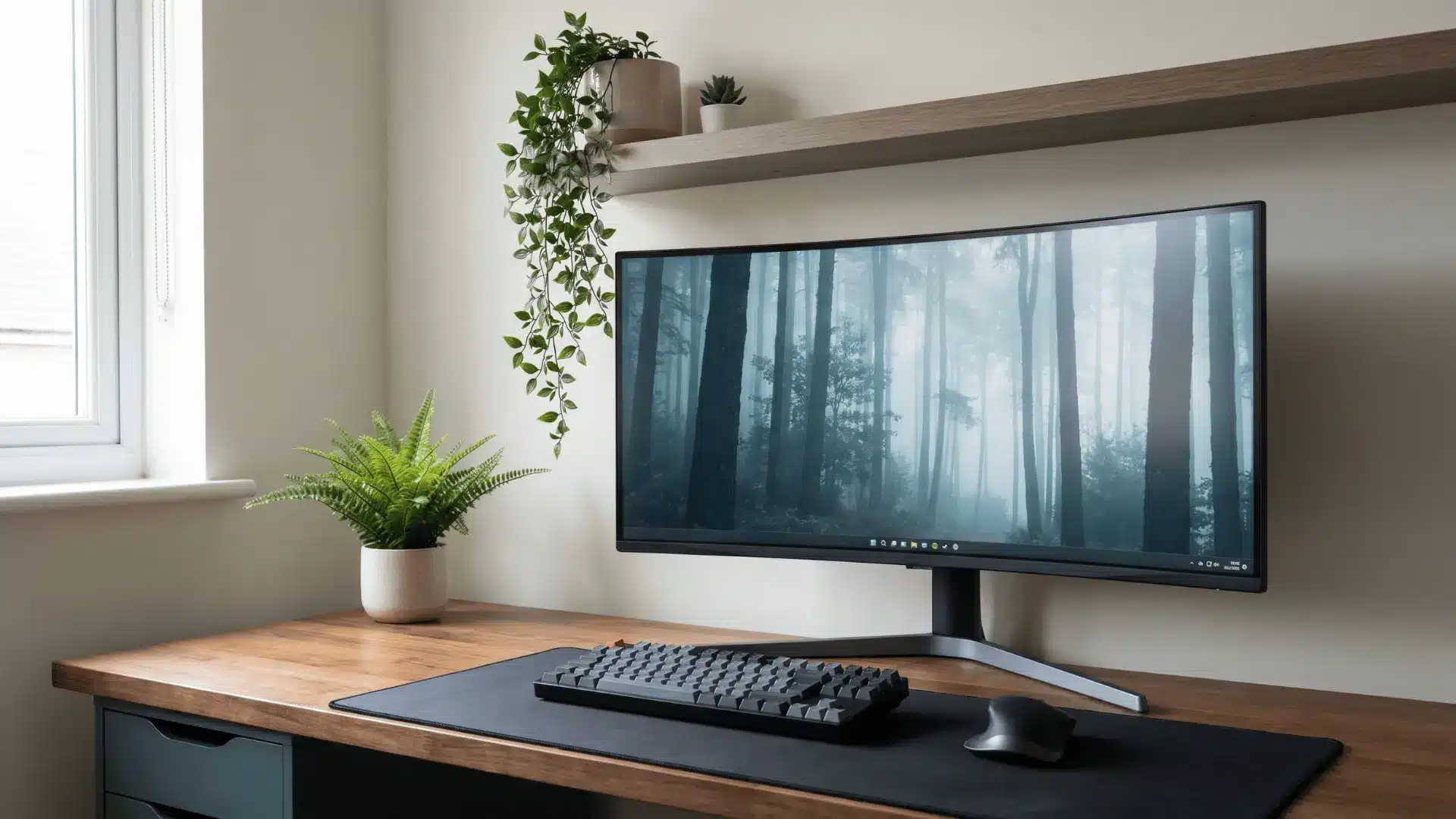 Gaming desk setup with small plants placed on the desk and nearby shelf