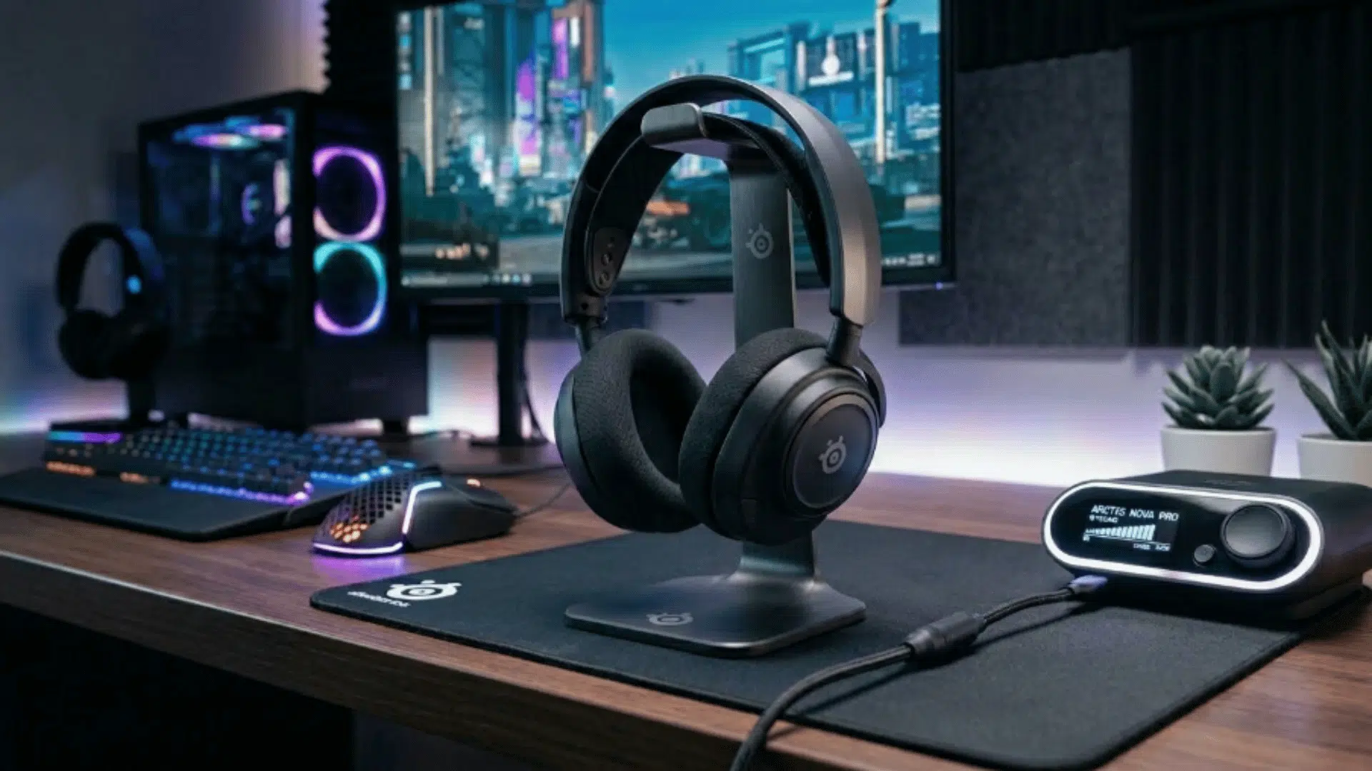 gaming headset on desk with PC setup, RGB lighting, and monitor showing gameplay, ideal for immersive audio experience