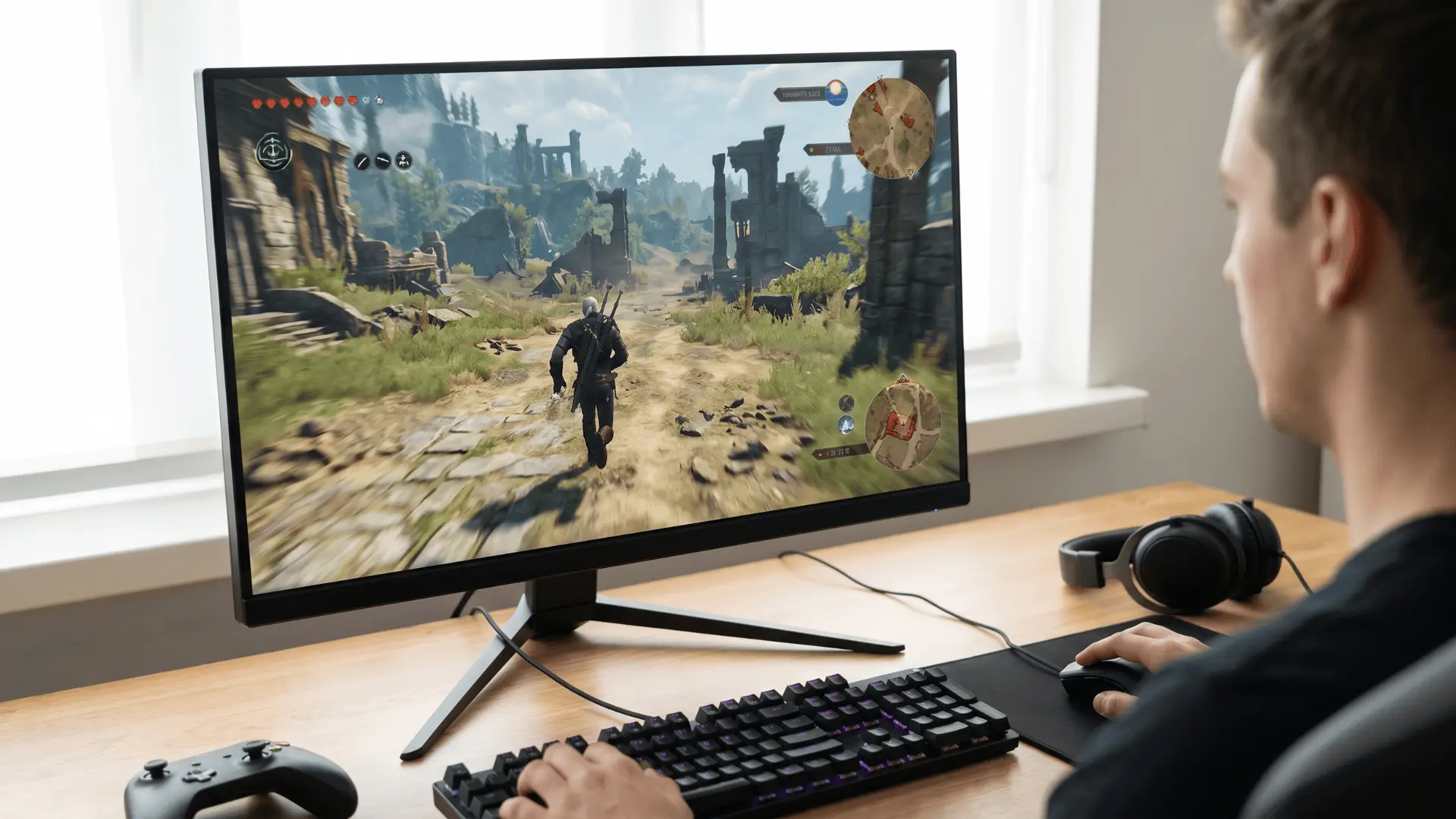 Gaming monitor showing live gameplay with player movement and map visible