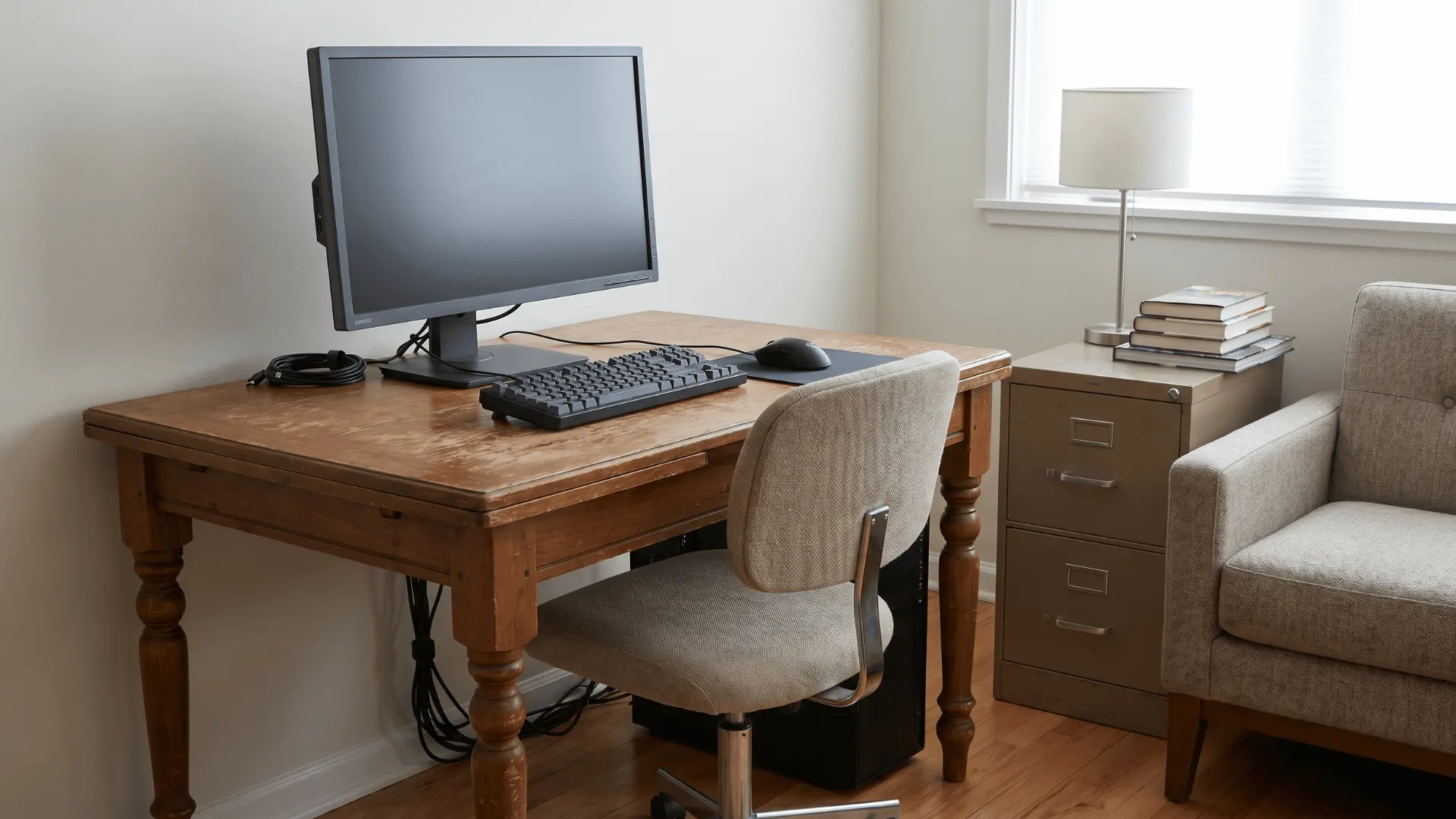 Gaming setup arranged using different existing furniture pieces in a simple layout