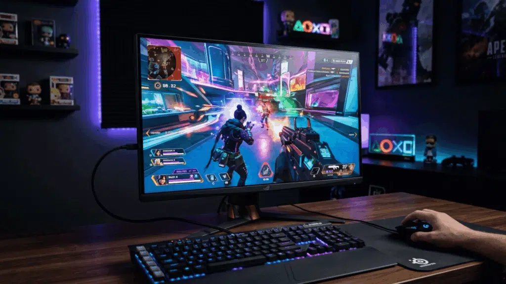 gaming setup with RGB lighting, widescreen monitor showing fast-paced shooter game, keyboard and mouse on a clean desk setup