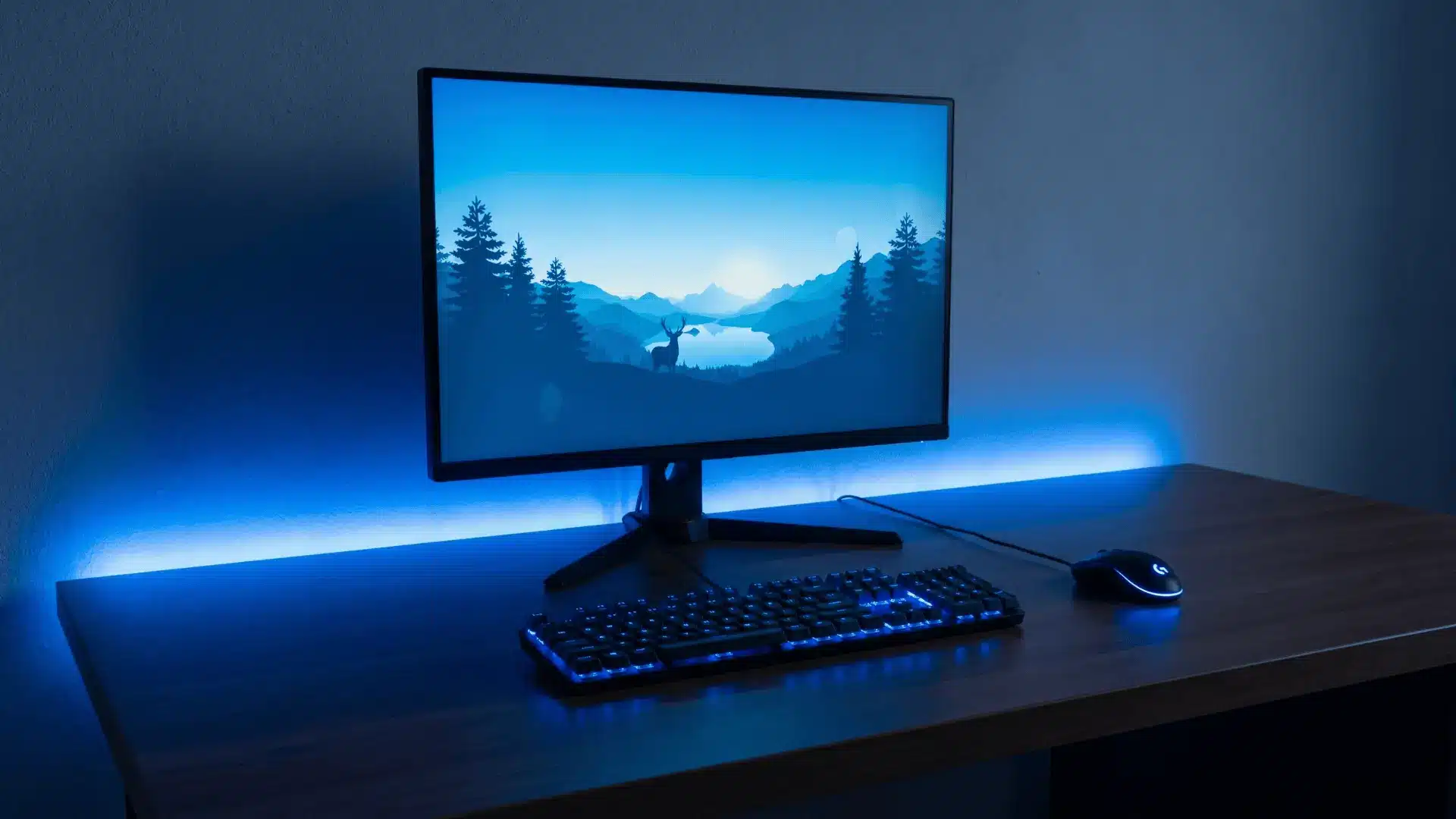 Gaming setup with consistent single-color lighting across the desk and background