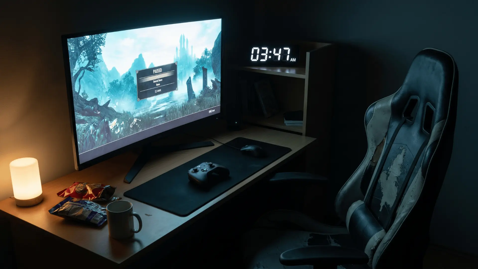 Gaming setup with screen on and controller placed nearby in a dim room at night