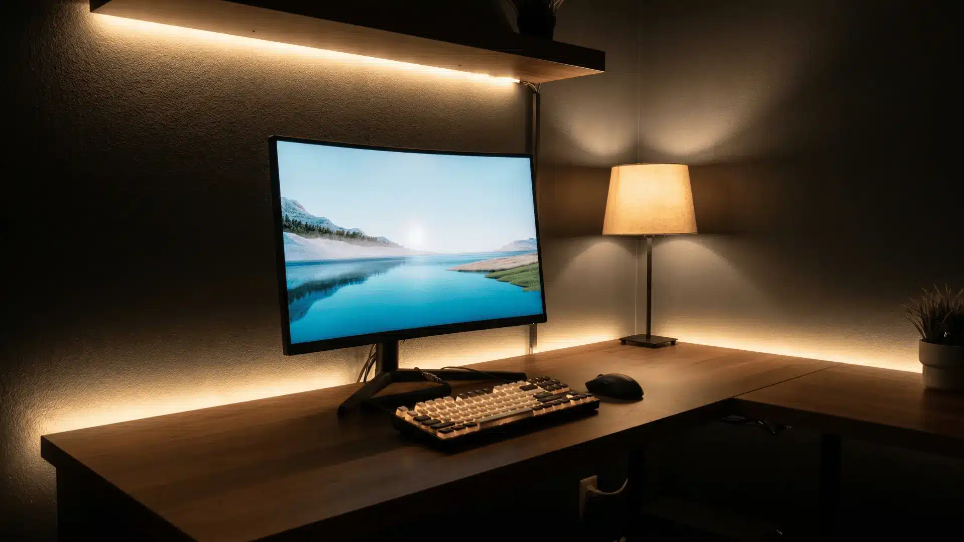 Gaming setup with soft warm lighting around the desk creating an evenly lit environment