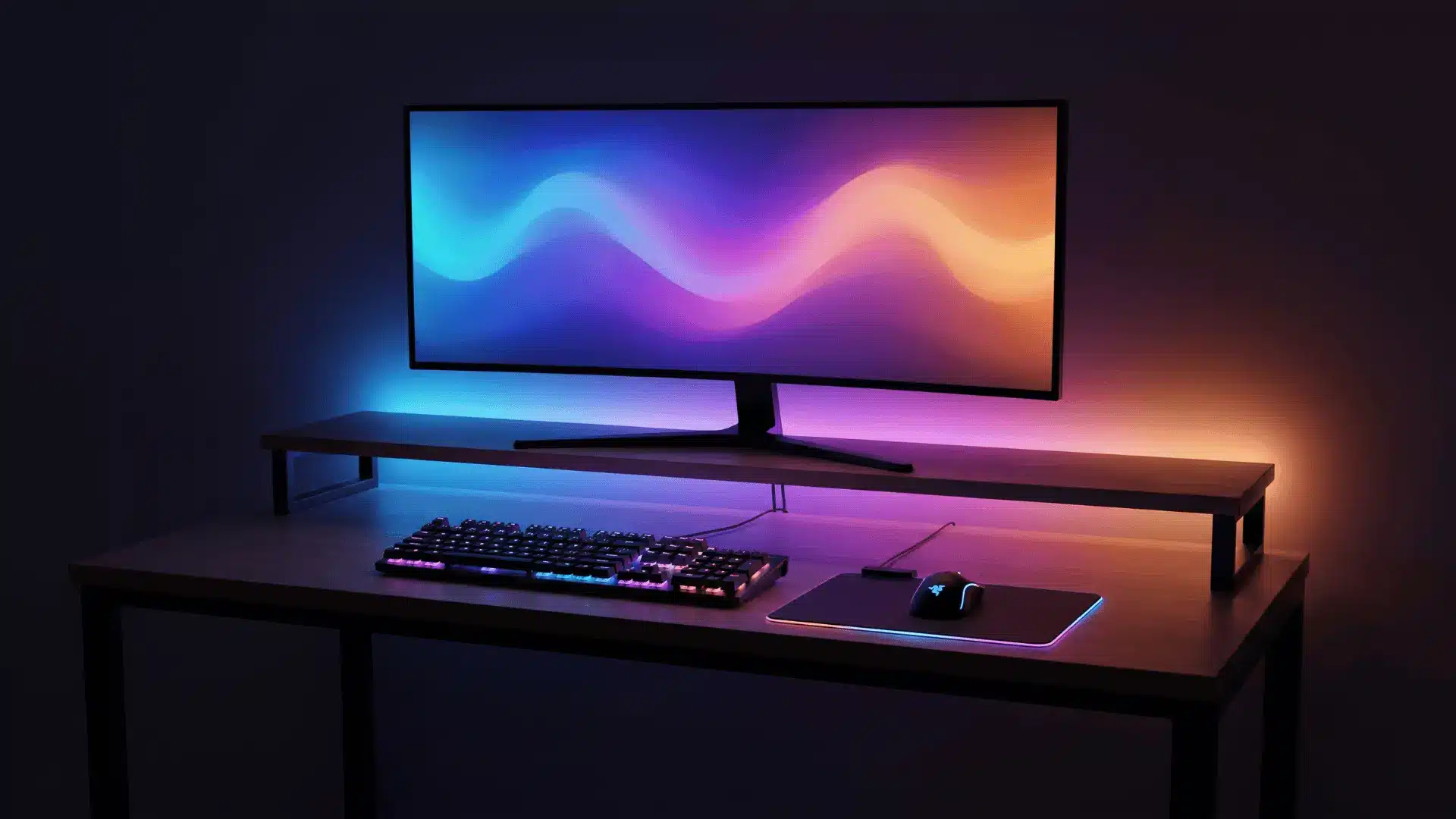 Gaming setup with synchronized RGB lighting across monitor, keyboard, and desk area