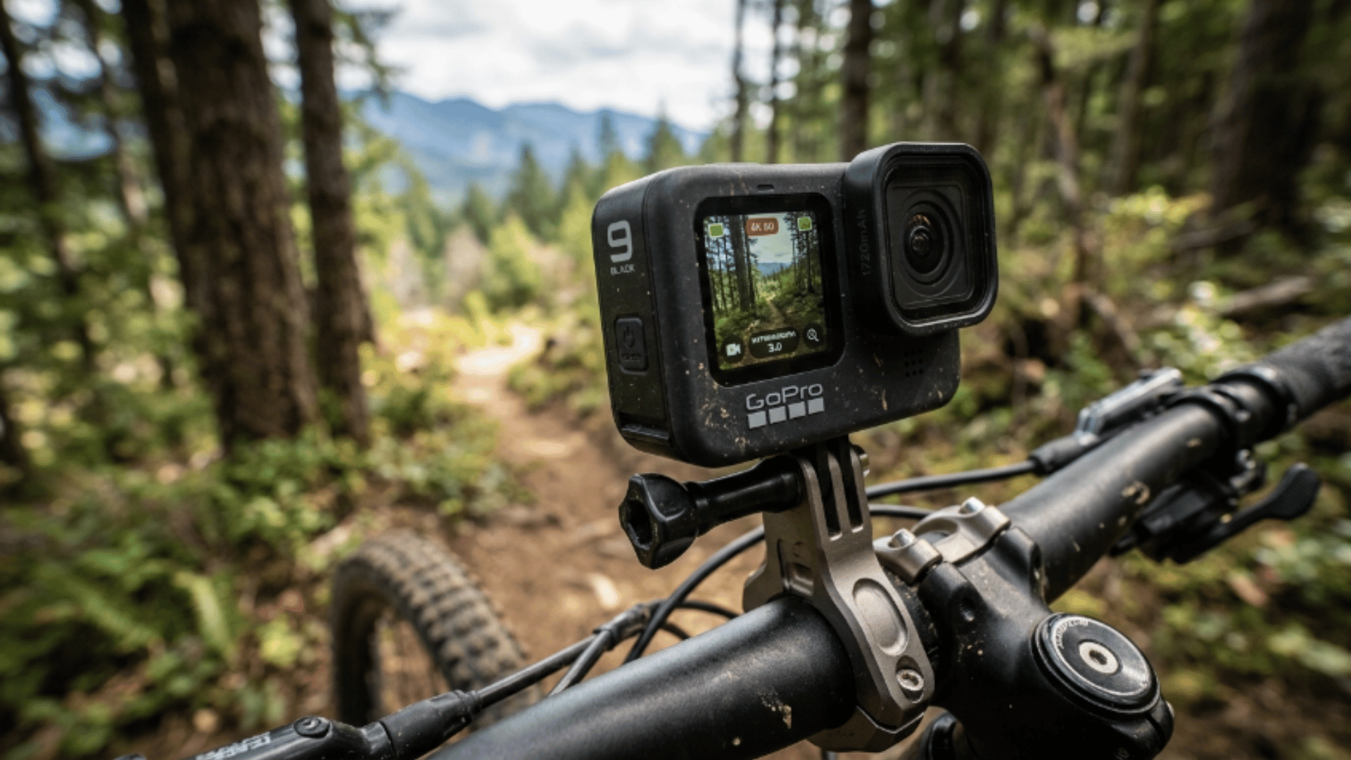 _go pro Hero 9 Black mounted on bike handlebar, capturing trail footage with stabilization for outdoor and adventure use