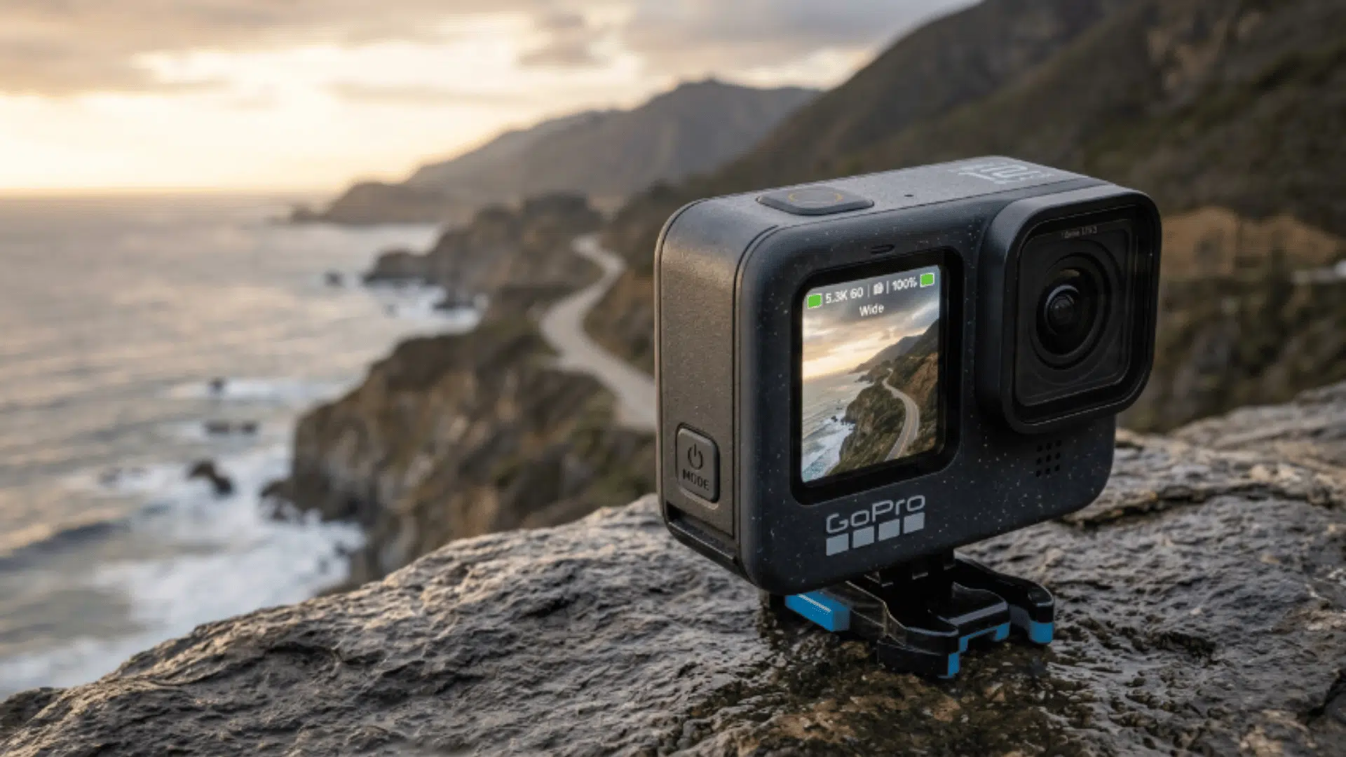 gopro camera placed on a cliff capturing coastal view, ideal for outdoor travel and action photography with wide-angle lens
