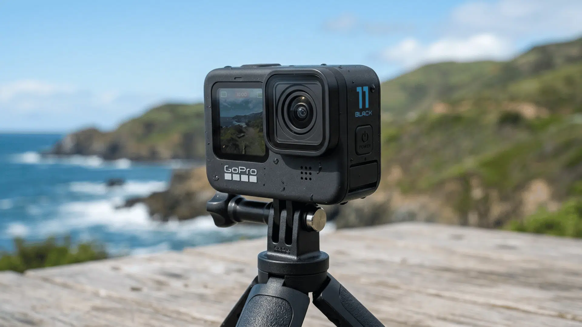 gopro Hero 11 Black mounted on tripod outdoors, showing compact build and suitability for stable video recording