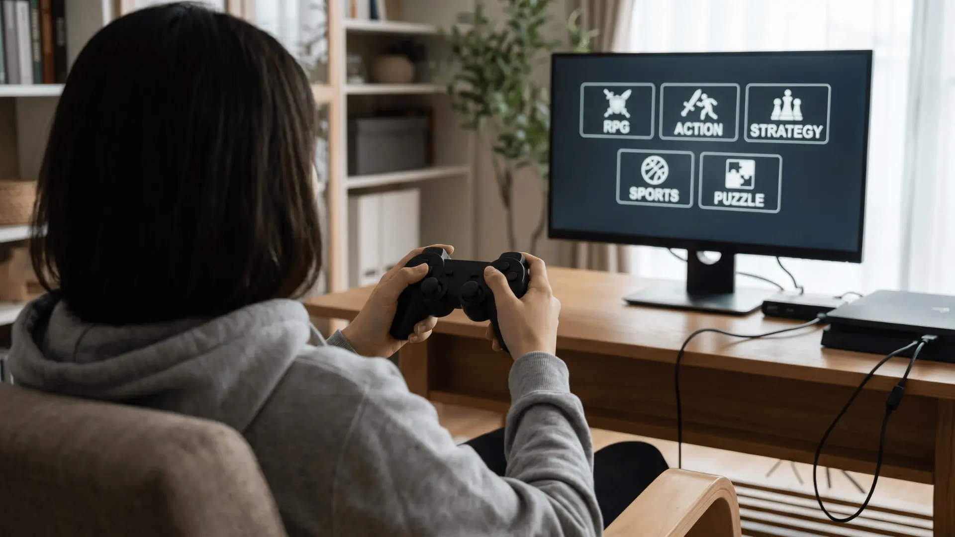 Hands holding a game controller facing a screen with different types of video games