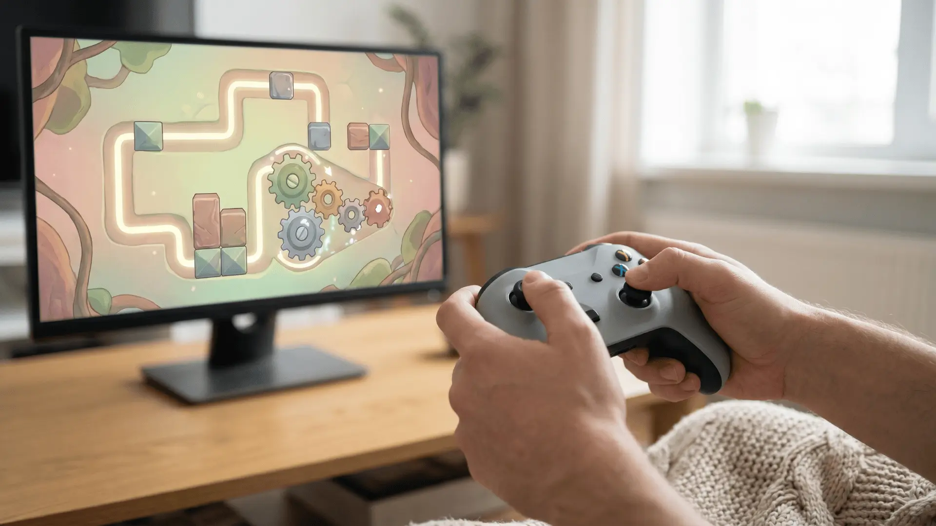 Hands using a controller while a game with puzzles and movement appears on screen