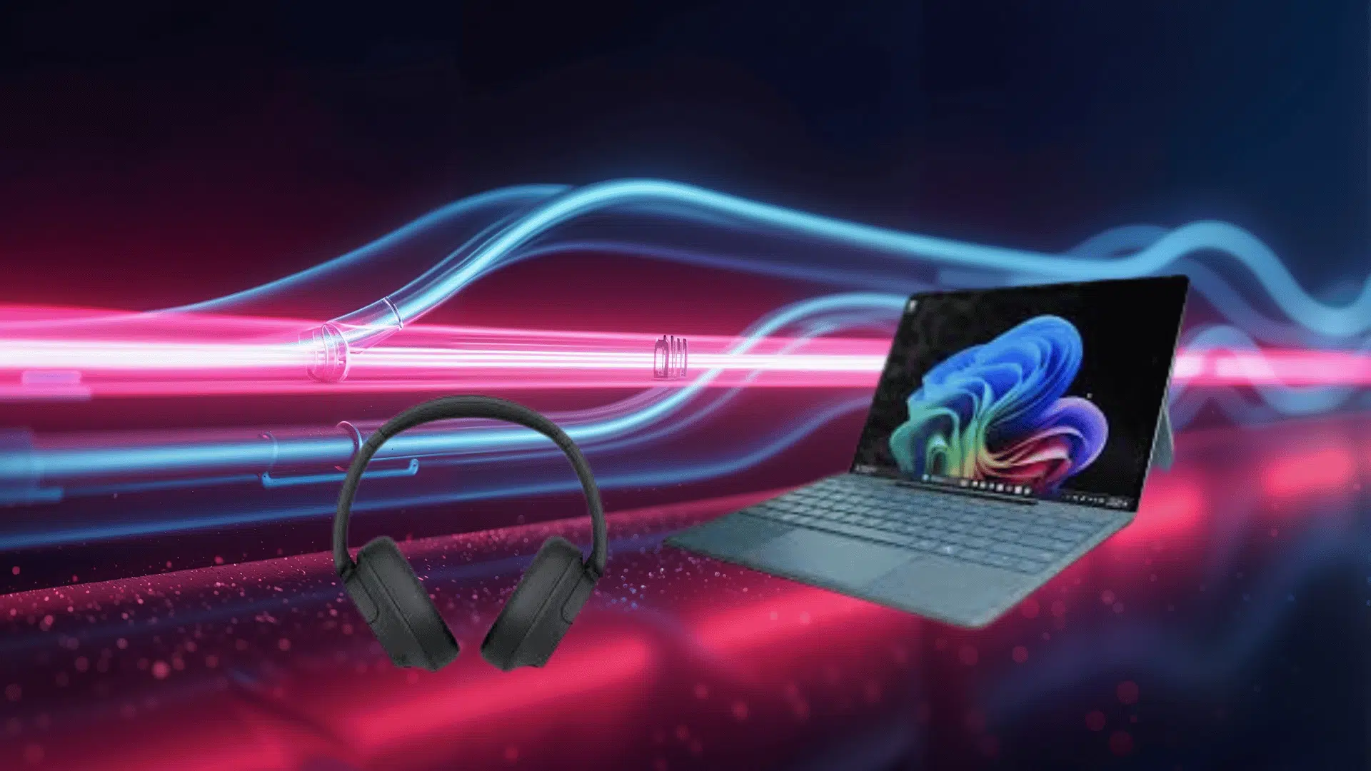 headphones connected to laptop with glowing sound waves, representing Windows Sonic spatial audio and immersive sound experience