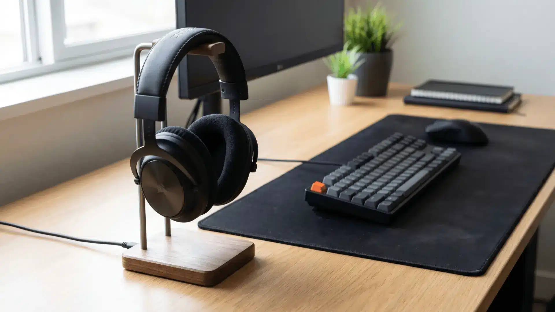 Headset placed on a stand positioned beside a keyboard on a desk
