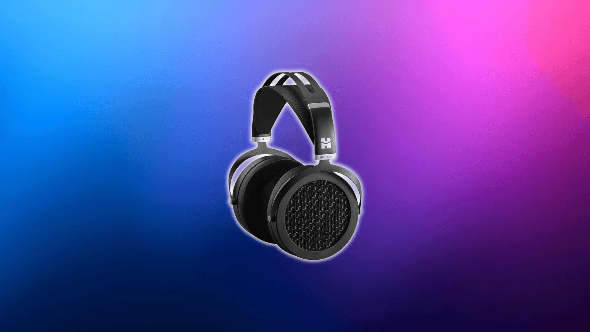 HiFiMan Sundara headphones on a vibrant purple and blue gradient background