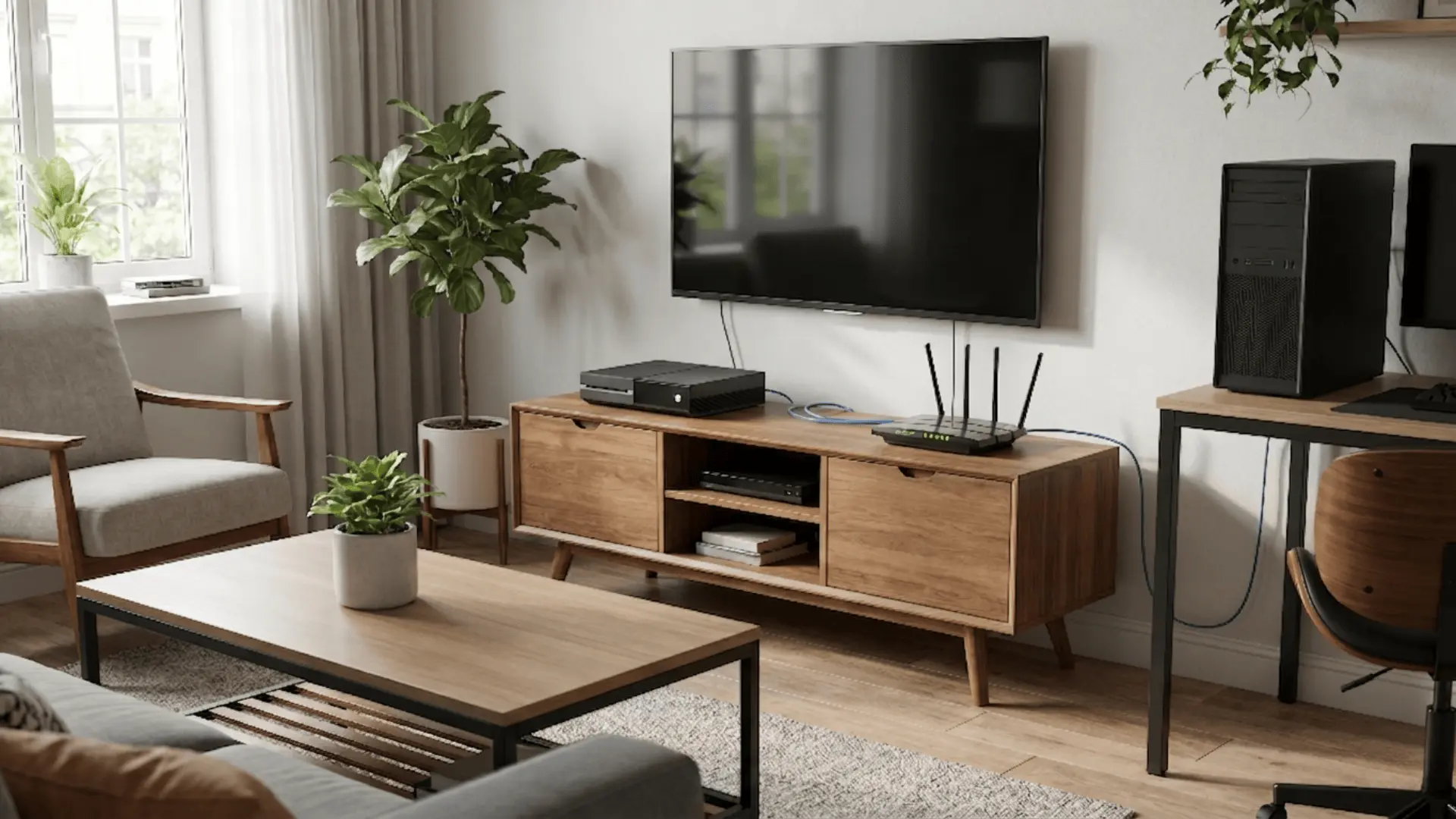 Home network setup with gaming console, PC, TV, and router connected to multiple devices