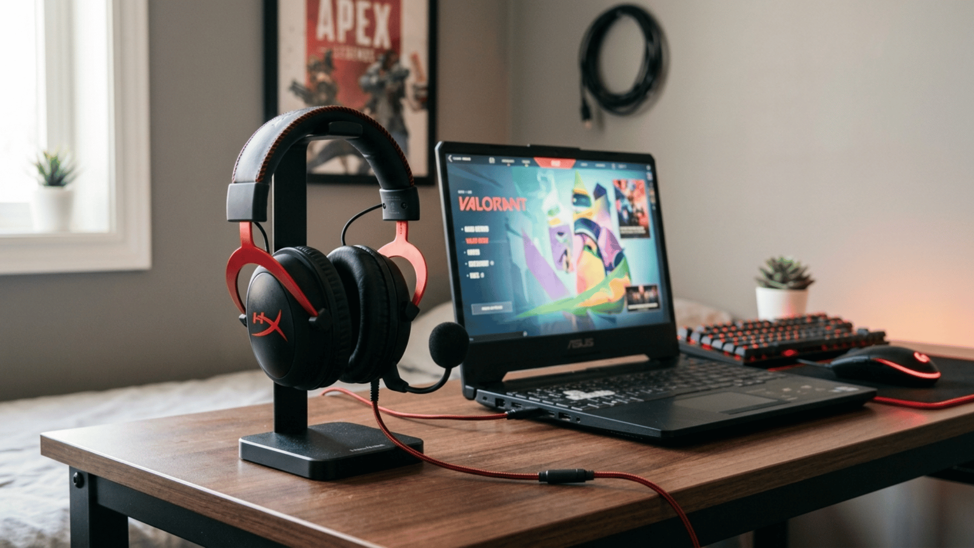 hyperX headset connected to laptop setup with gaming screen, clean desk layout, showing casual gaming and audio setup