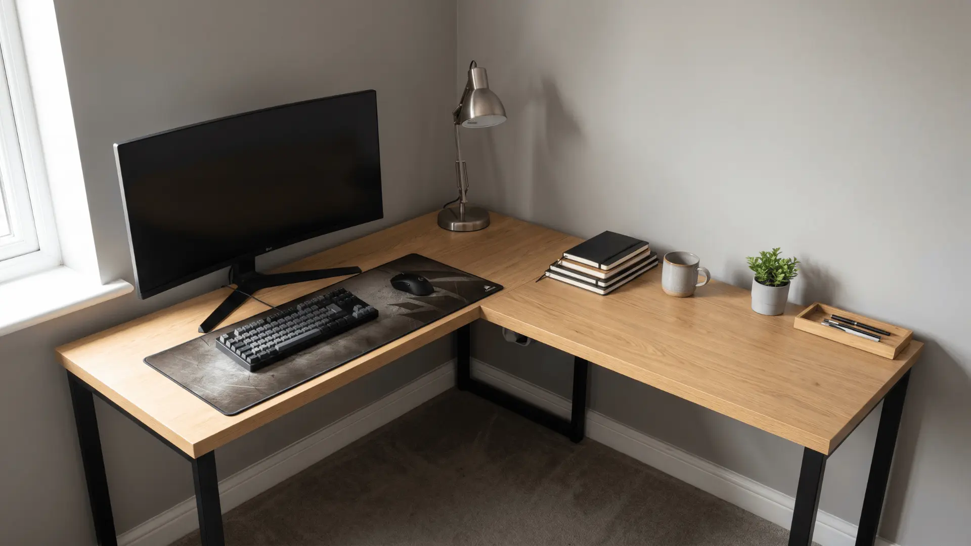 L-shaped desk in a corner with separate areas for gaming and work setup