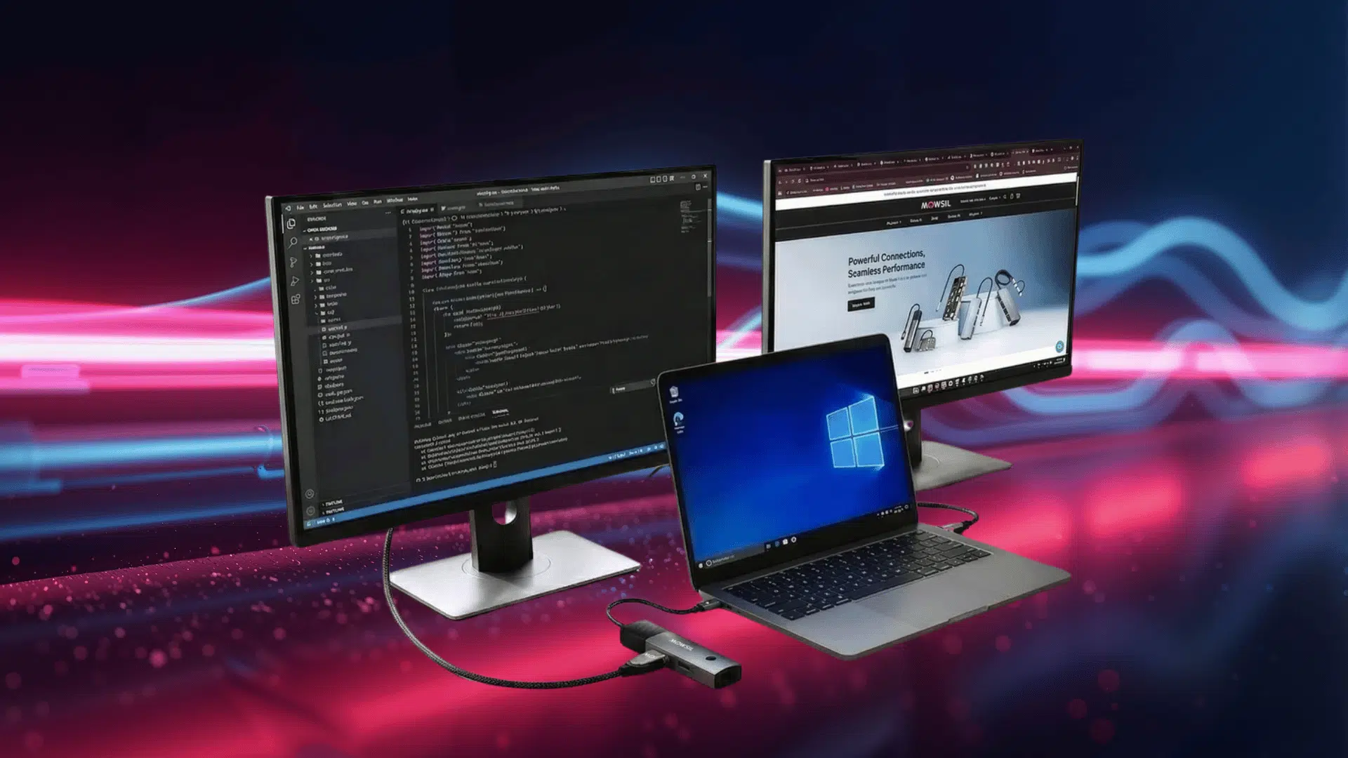 laptop connected to two external monitors using hub and cables, extended display setup with coding and web content on screens