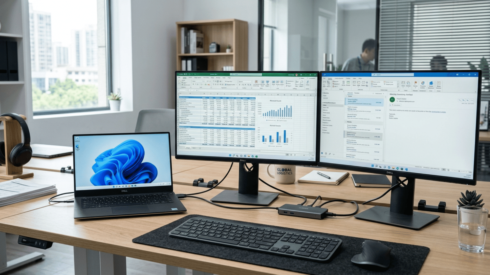 laptop connected to two monitors on office desk with docking station, showing spreadsheets and emails in a dual monitor setup