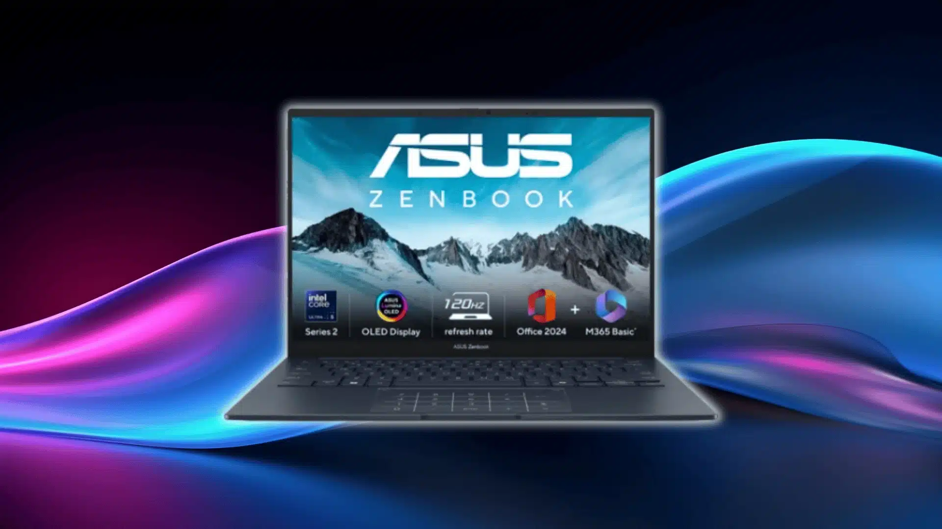 Laptop displaying ASUS Zenbook screen with mountain wallpaper, set against colorful abstract background waves.