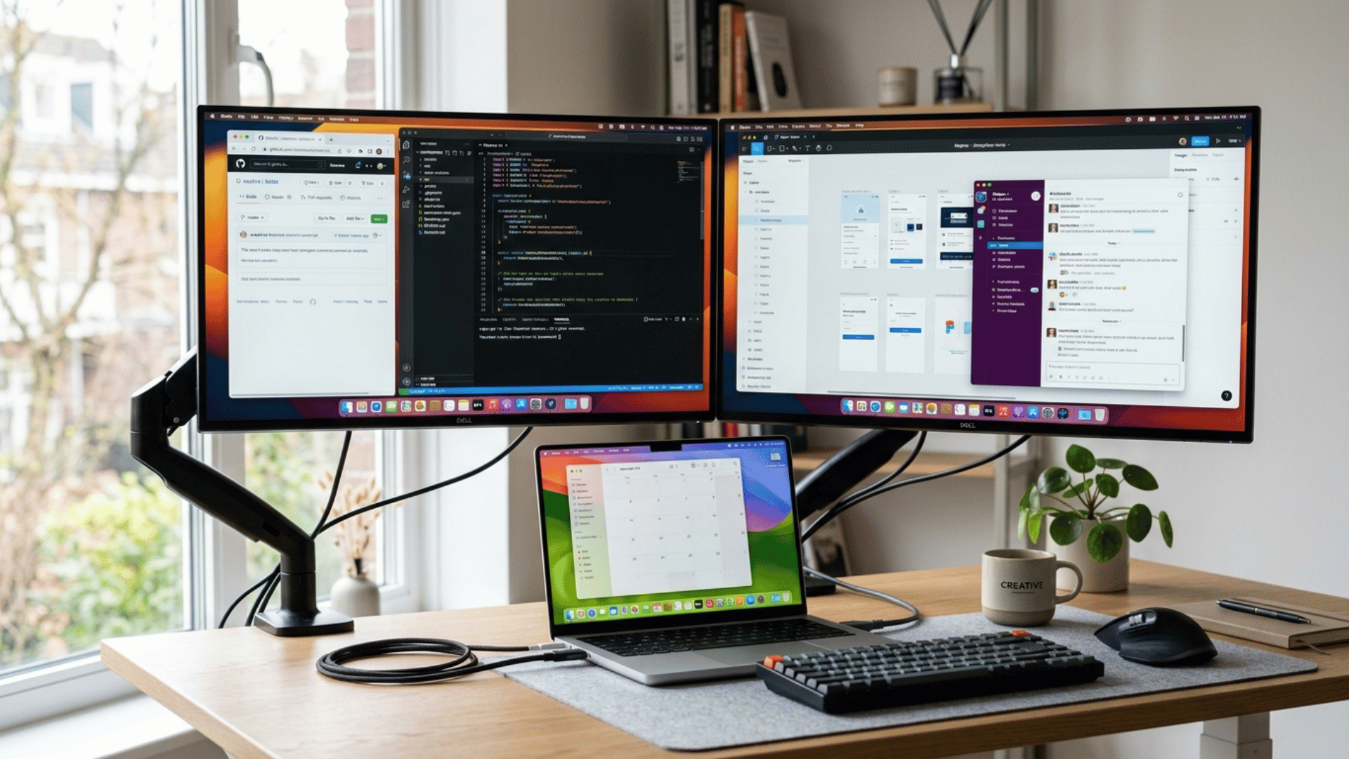 laptop with dual monitors displaying coding, chat, and video call apps, demonstrating multitasking in a dual screen workspace