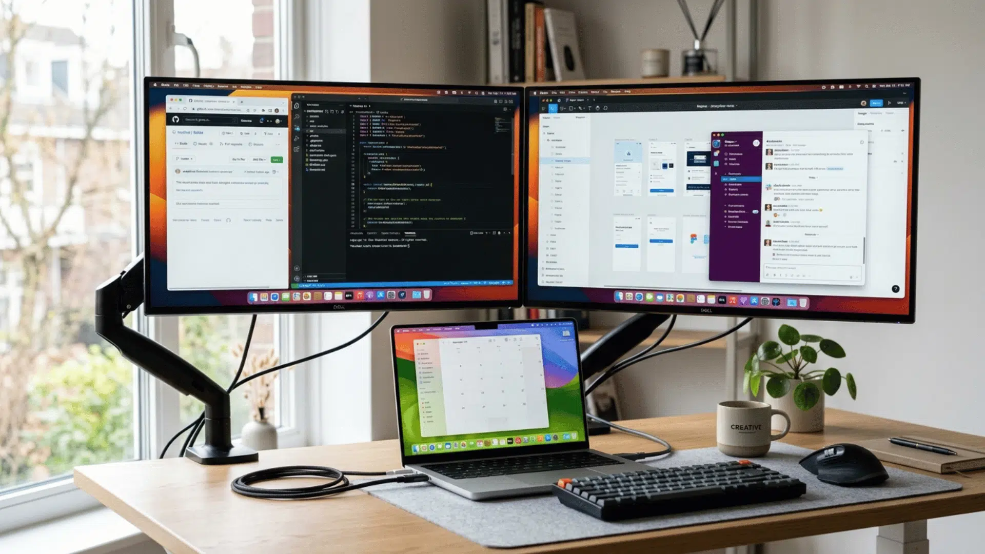 laptop with dual monitors displaying coding, chat, and video call apps, demonstrating multitasking in a dual screen workspace