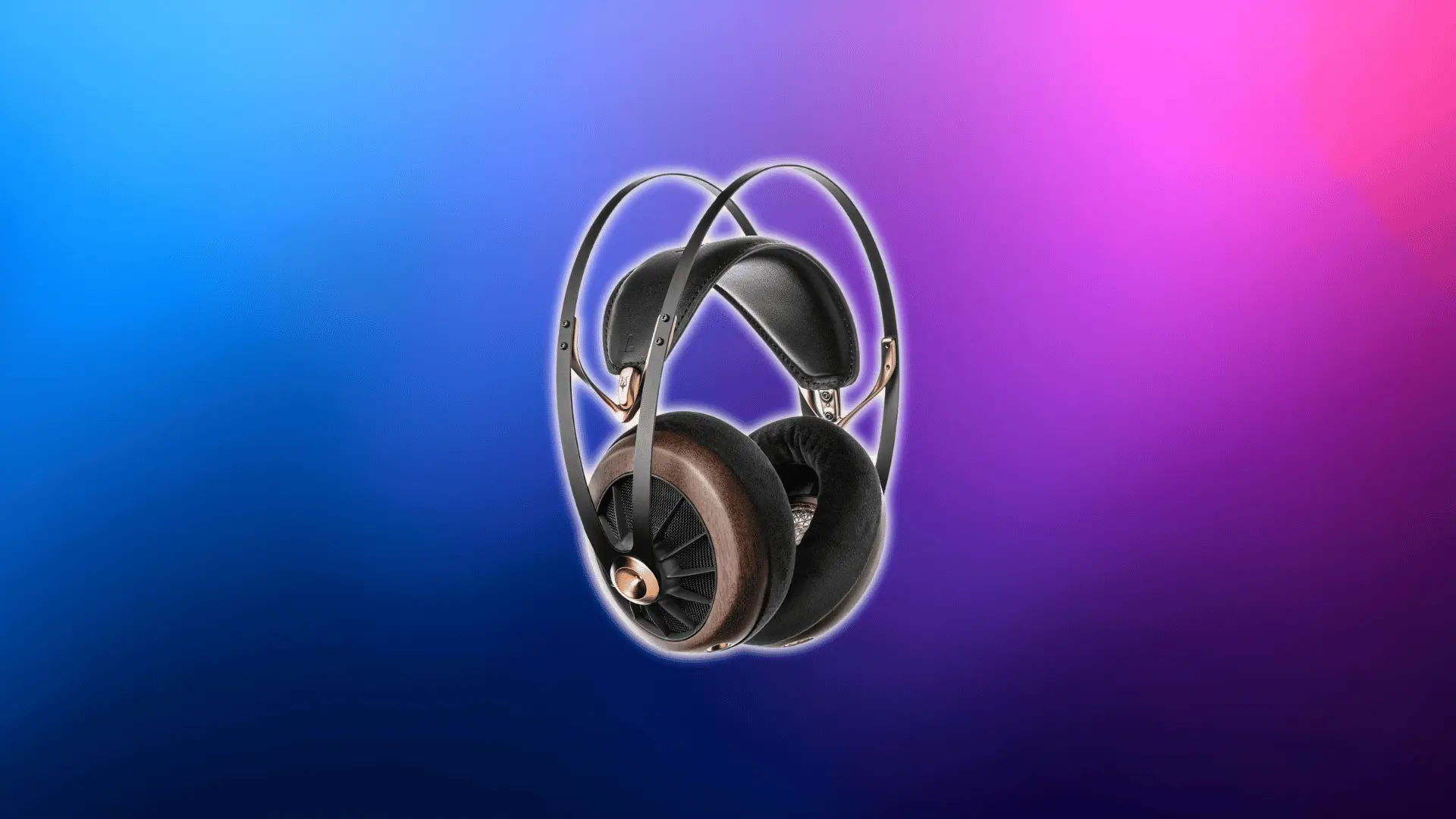Meze 109 Pro open-back audiophile headphones with wooden ear cups on a blue and pink gradient background.