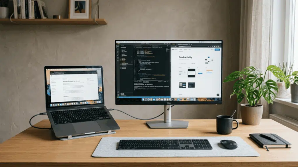 minimal desk setup with laptop connected to monitor via single cable, showcasing clean USB-C workspace and reduced clutter