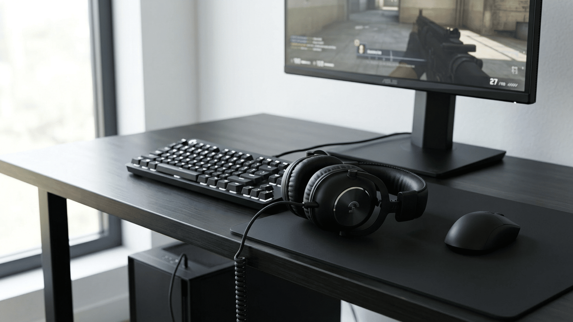 minimal desk setup with wired headphones, keyboard, and monitor displaying gameplay, clean and simple workstation design