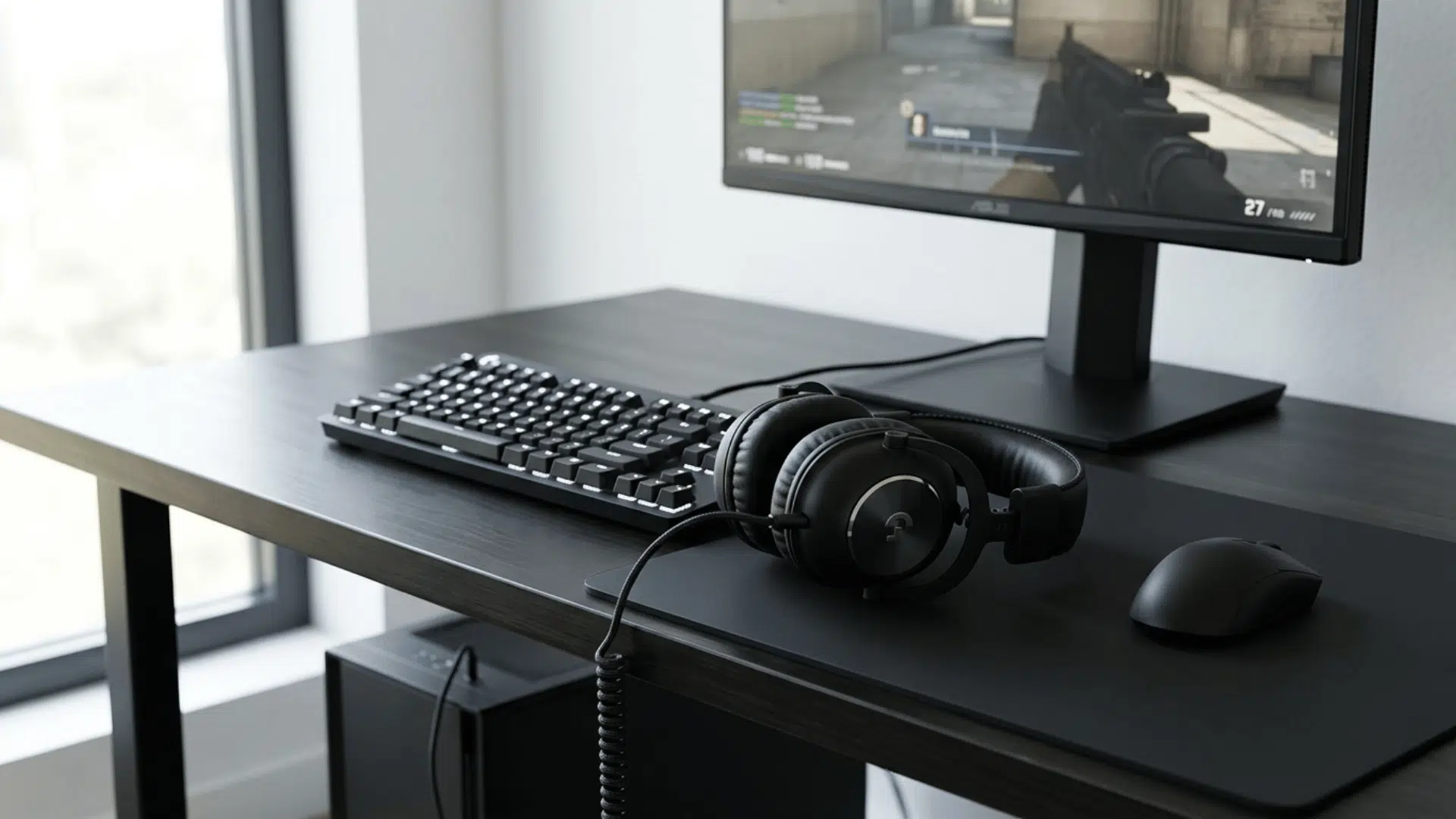 minimal desk setup with wired headphones, keyboard, and monitor displaying gameplay, clean and simple workstation design