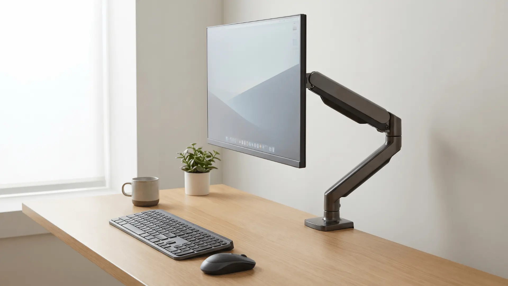Monitor mounted on an adjustable arm above a desk with clear space underneath
