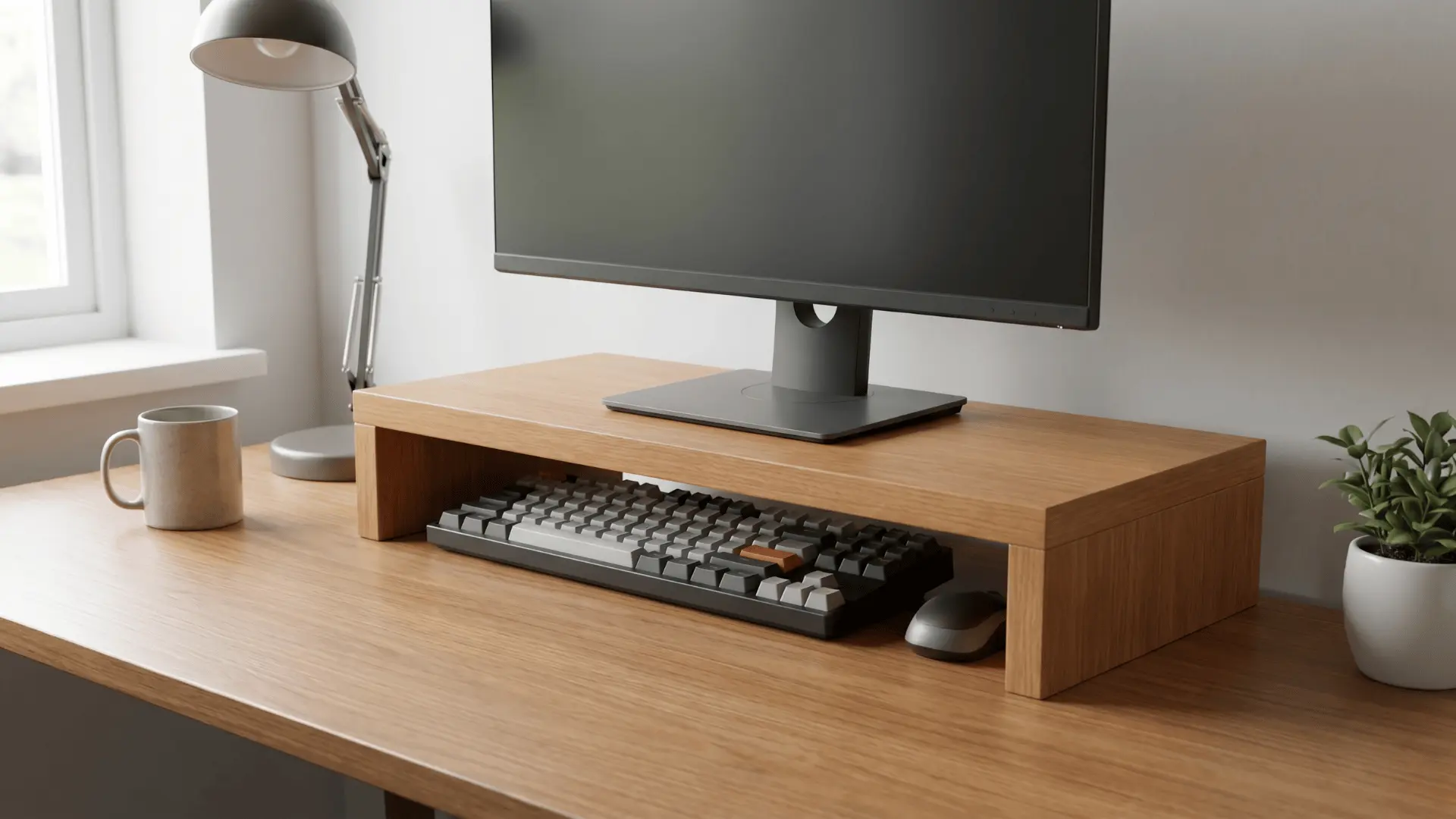 Monitor placed on a wooden stand with space underneath for storage