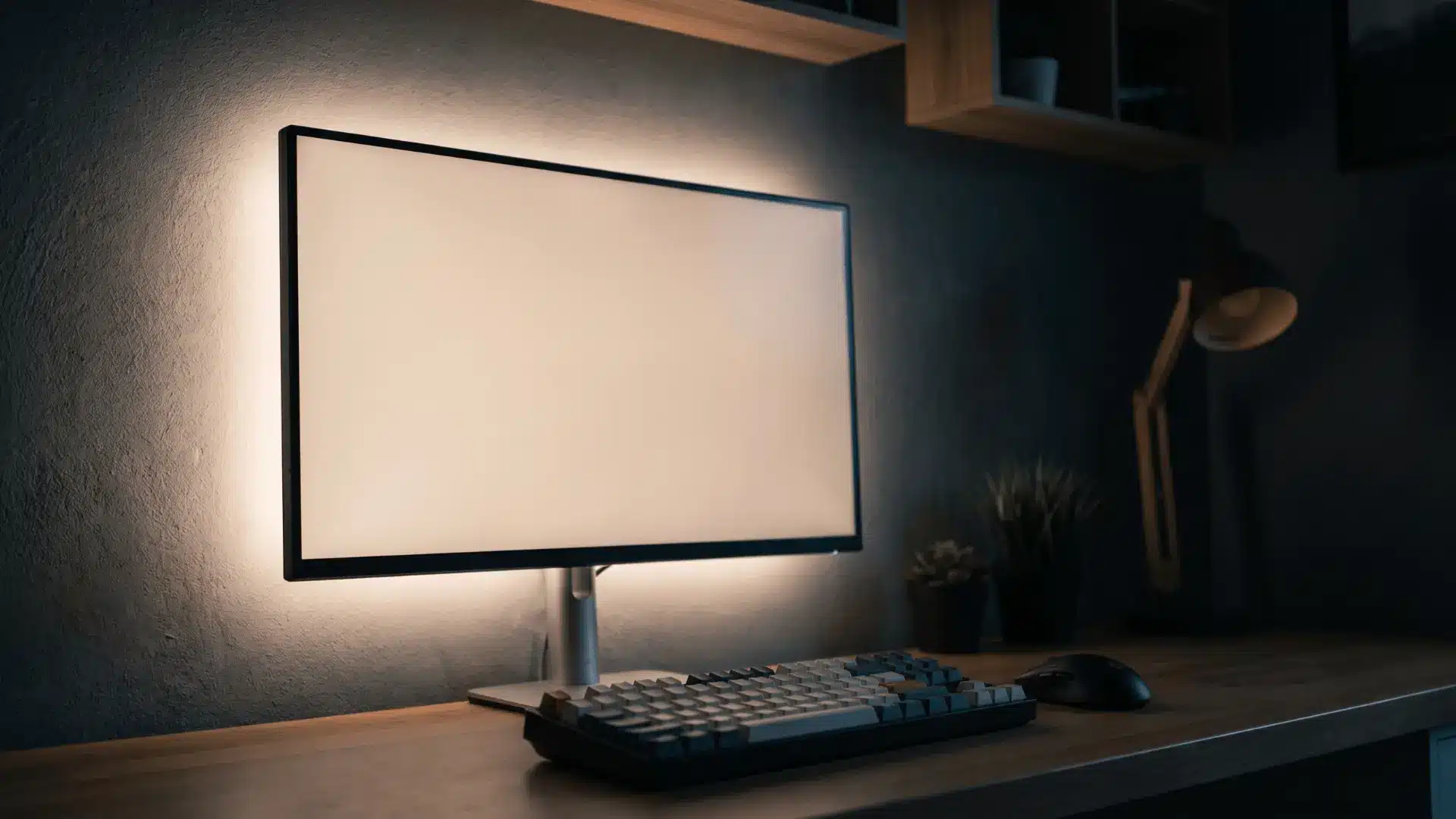 Monitor with soft LED backlight creating a glow on the wall behind it in a dim setup