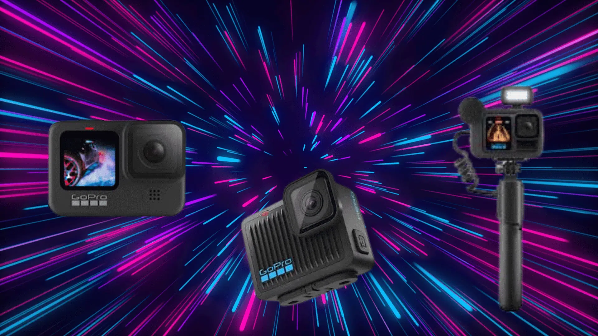 multiple GoPro action cameras displayed with colorful background, showing compact design and options for action and travel shooting