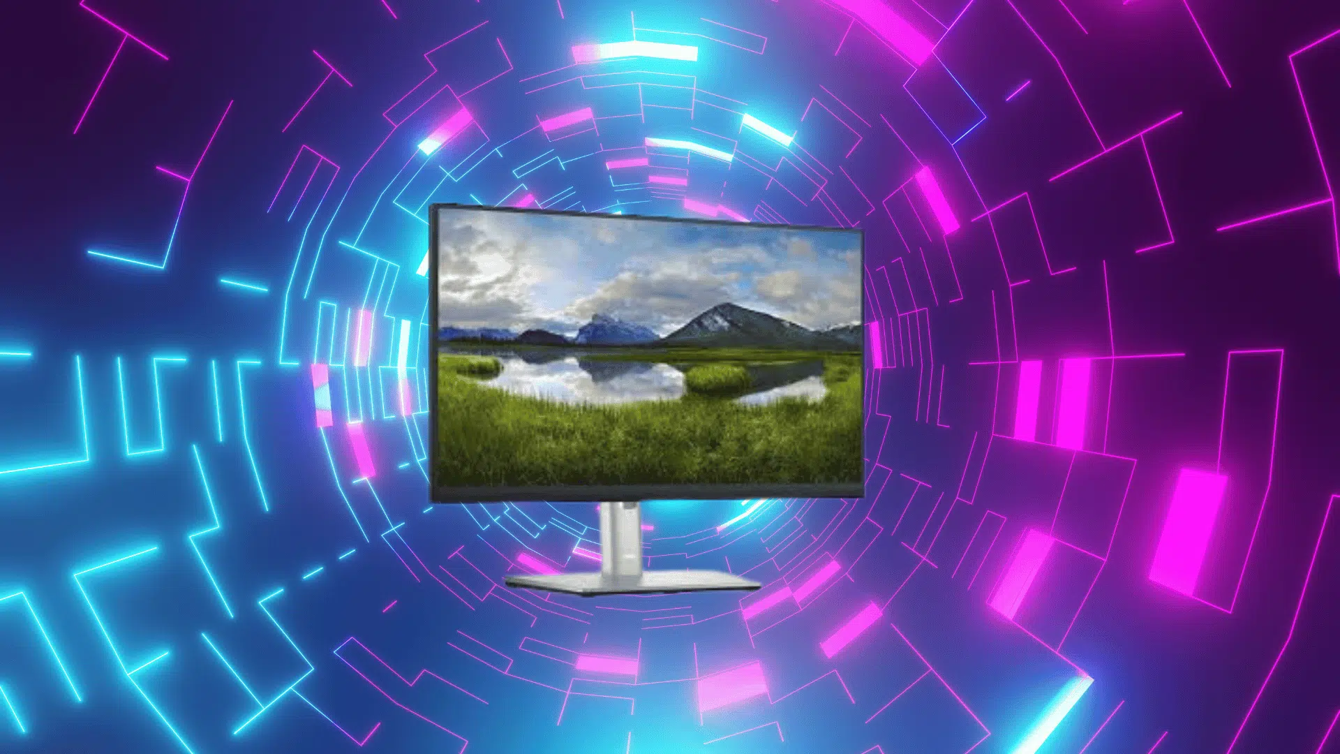 neon digital tunnel background with a widescreen monitor displaying a scenic landscape, representing immersive display technology