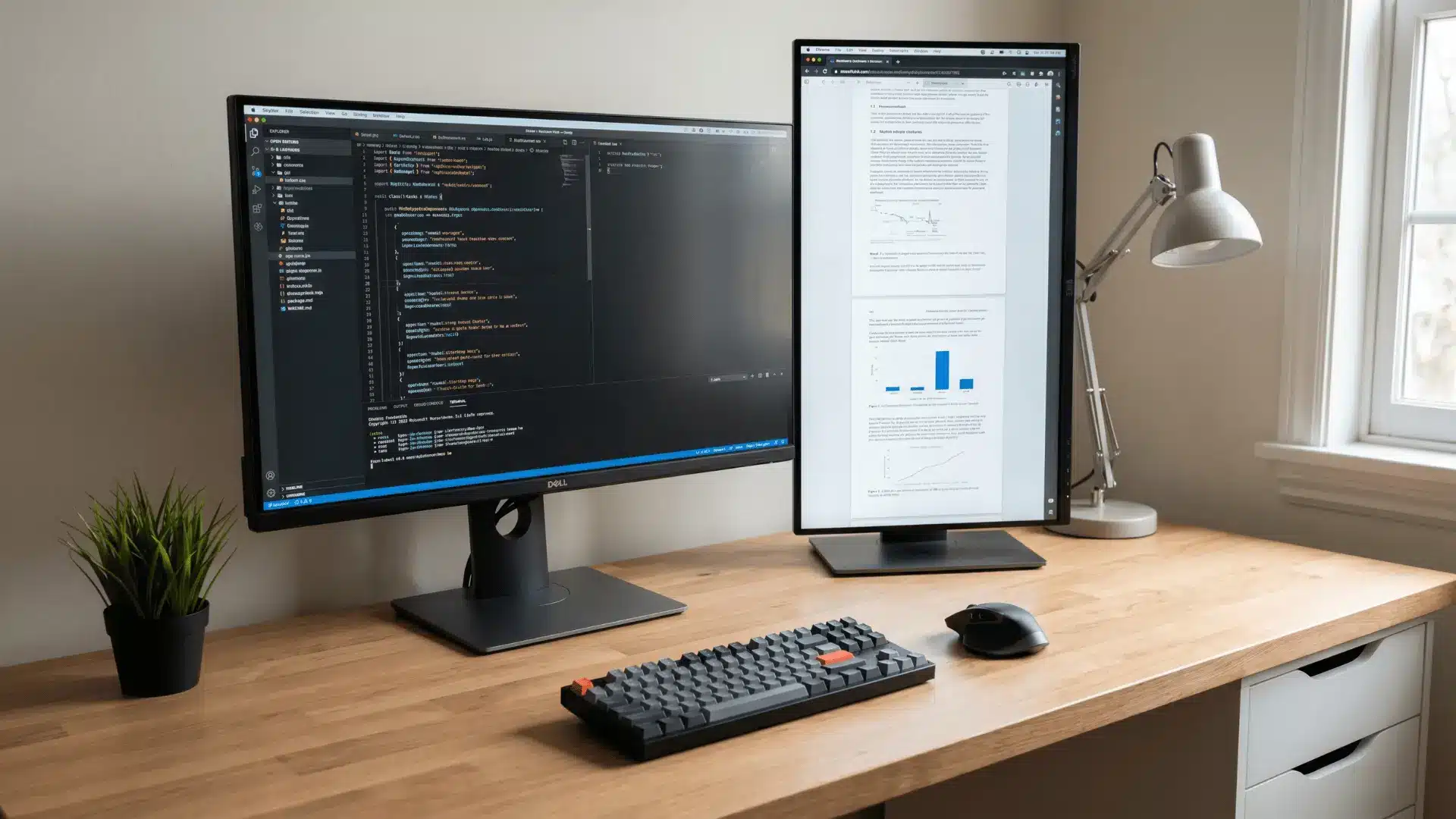 One vertical monitor placed beside a horizontal monitor on a desk setup