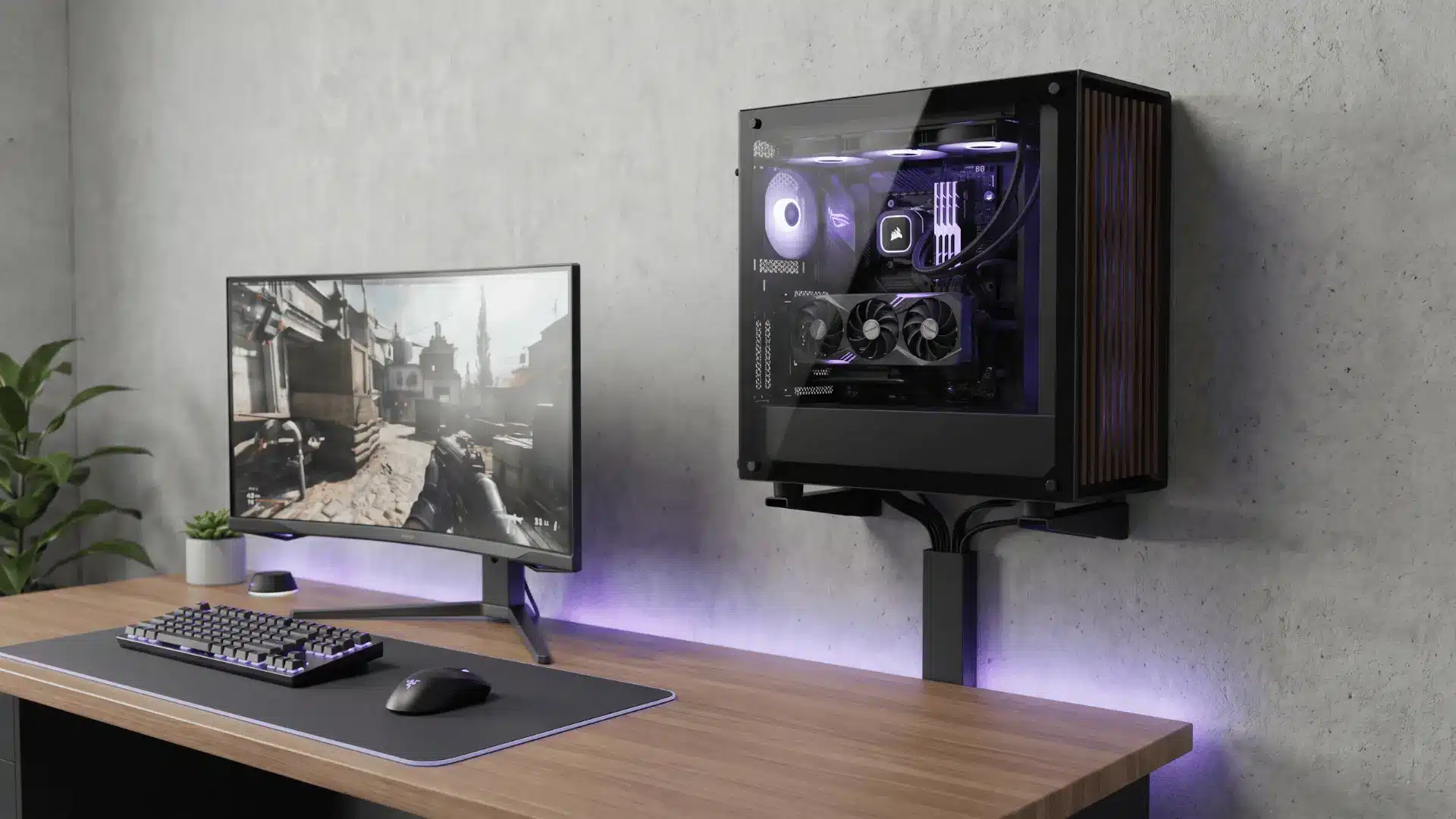 PC mounted on a wall beside a desk setup with clean cable routing