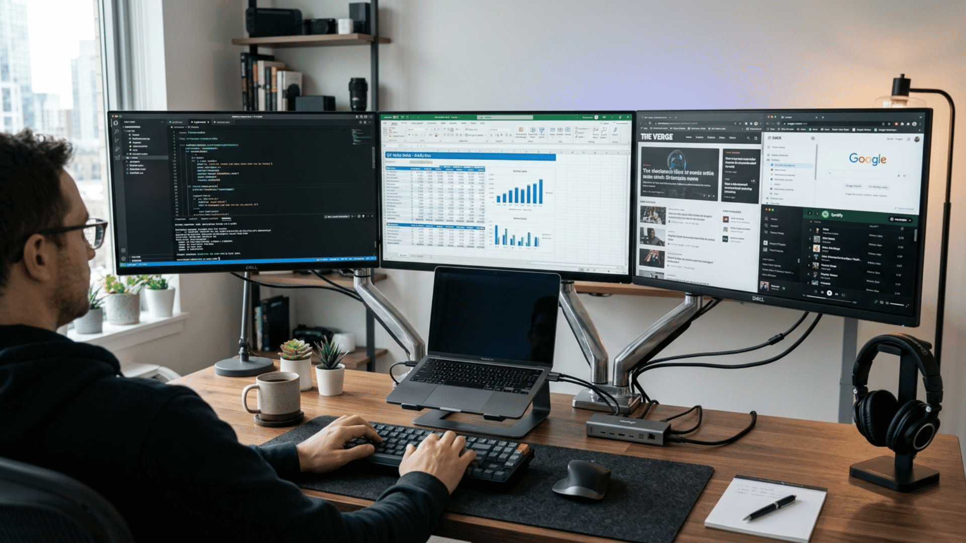 person working on triple monitor setup with coding, spreadsheets, and browser apps open across three screens on a desk